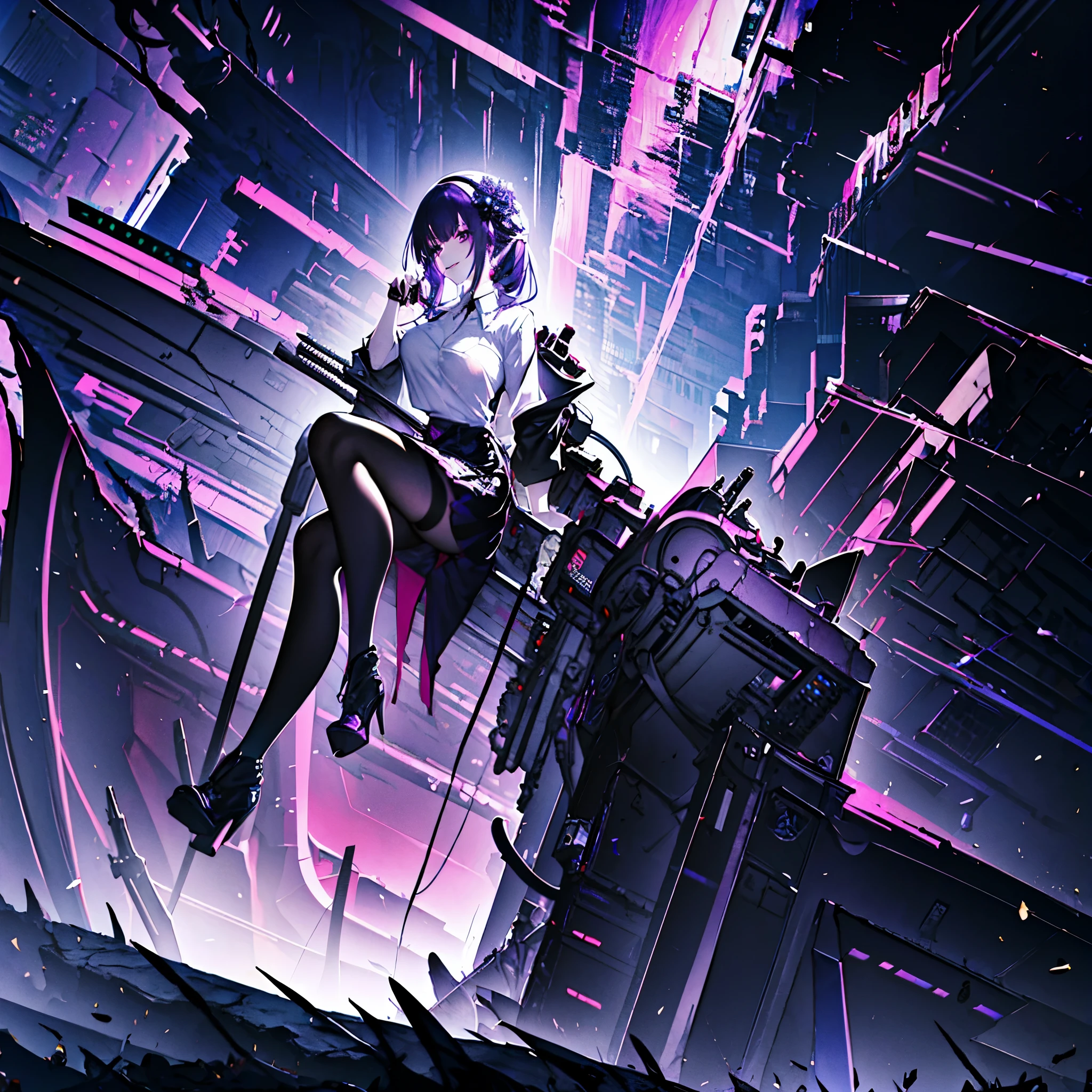 Highest resolution, 8k, ultra detailed outfit, ultra detailed digital illustration, trending on pixiv, (1 girl, solo, mature woman), dark purple hair with silver tips, large breasts, black eyes, (black veil, saw-tooth teeth, jagged teeth), elegant blue blazer, white blouse, deep V-neck, (black stockings, black pantyhose, black boots), (black and purple flowers as hair accessories, black and purple flowers), crossed legs, sexy pose, milf, sitting on a chair, aberrant colours, barren lands as background, colour scheme of background is purple black and blue, light grin, evil aura, curvy waist, long skirt