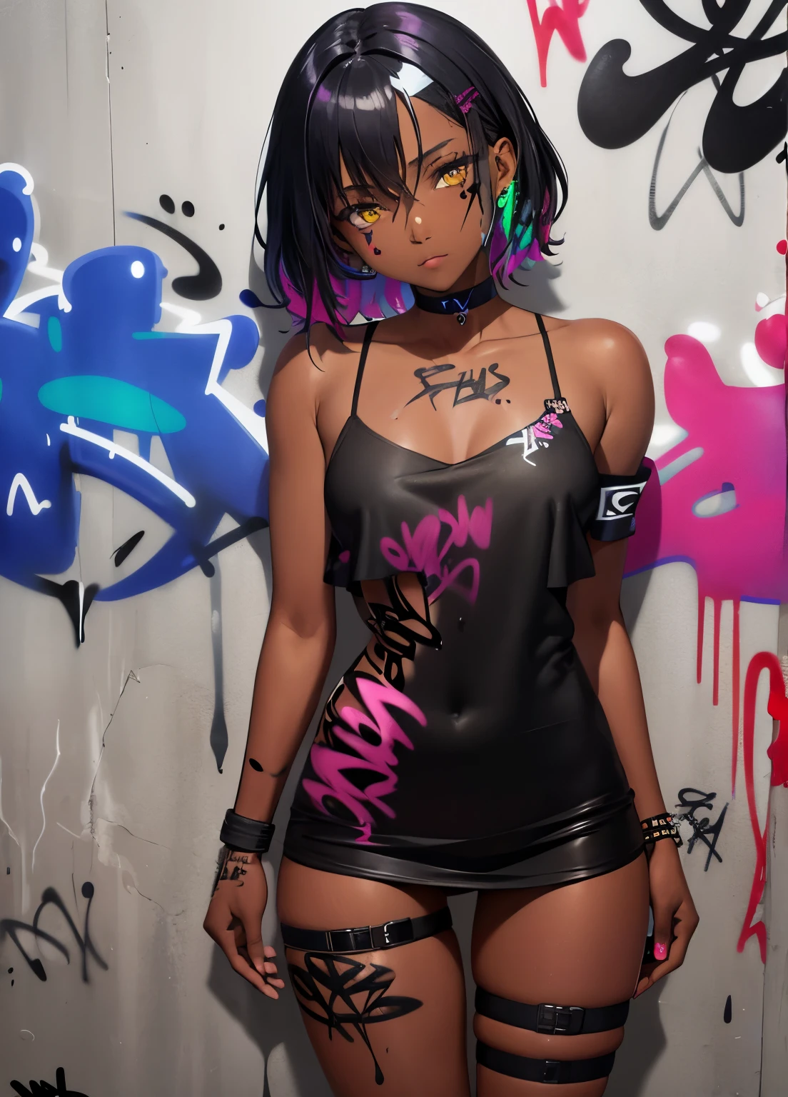 dark skinned, masterpiece, best quality, 1girl, solo, choker, (graffiti:1.5), paint splatter, arms behind back, against wall, looking at viewer, armband, thigh strap, paint on body, head tilt, multicolored hair