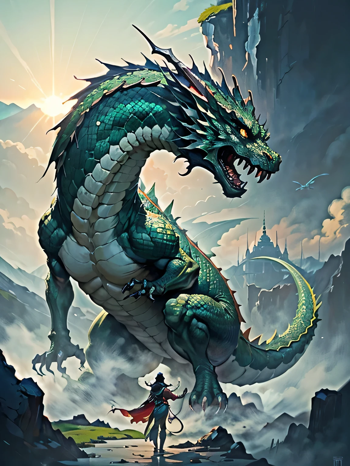 (masutepiece), (Best Quality), (Super Detail), (cinematlic lighting), (Illustration), frazetta, (dragon on the mountain), One Dragon, long-bodied short-legged dragon, japanese green dragon , Real Dragon, Japanese dragons can fly, green dragons, dragon without wings, ((look at viewr)), 1head, long neck, Long body, 2hand, 2 legs, 1 long tail of books, Japanese landscape, Dancing in the sky, Sunrise, Sun, bright Sun,