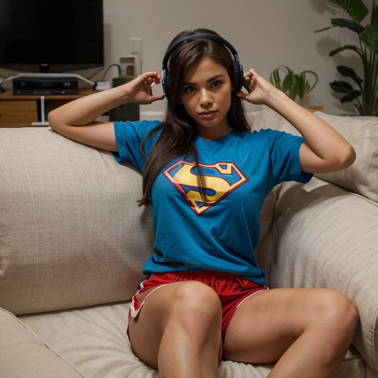 Modelo brasileira, friendly about 20 years, sorrir, academia, jogando videogame em casa, sitting not sofa, segurando controle, olhando a TV, headphone on head, Superhero Shirt, geek style, usando shorts