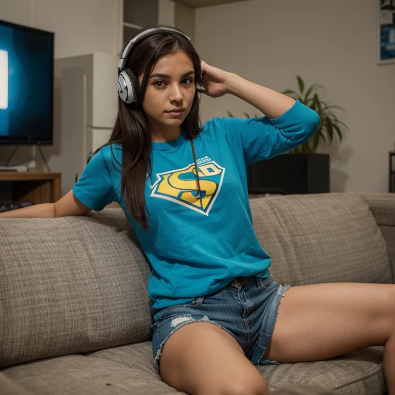 Modelo brasileira, friendly about 20 years, sorrir, academia, jogando videogame em casa, sitting not sofa, segurando controle, olhando a TV, headphone on head, Superhero Shirt, geek style, usando shorts