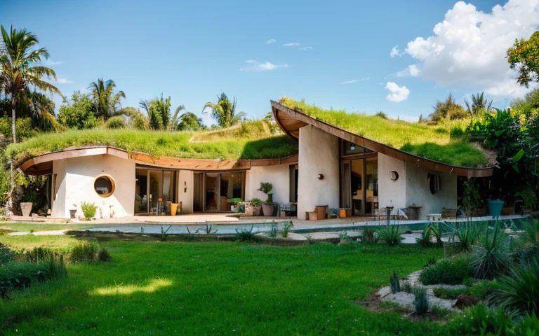 A photograph of a symmetrical contemporary house with (((one hyperbolic paraboloid green roof))) and (((biological pool))) and ((base wall foundation)) in a tropical backyard, mustard yellow terracota plaster walls (((rustic clay stucco))), ((corner walls rounded)), ((rustic clay plaster)), (((terracotta walls with rounded corners, organic curves and squared))), (((rustic earth plaster, mud))), (((hyperbolic-shaped green roof with wooden edge))), (((wooden roof structure, wooden rake, wooden fascia board))), eaves, ((roof with wooden structure)), In Bahia (((tropical garden))), ((natural houses, organic buildings, organic architecture)), ecovillage, sustainable architecture, bioconstruction architecture, solarpunk architecture, (((grass roof, green roof, green wave roof, rounded roof, vegetated roofs))), (((rock base foundation wall, foundation height 30cm, stone base wall 30cm high))), ((green architecture)), passive house, clear sky in the background, painful beauty, modern, imposing, green house, ((Bali hobbit Hadid Style)), super resolution, cinematic, color grading, editorial photography, photography, photo shoot, (((dramatic front eye top angle view))), O 50mm, depth of field, intricate details, natural colors, sharp focus, warm light, shutter speed 1/1000, F/22, White Balance, Ray Trace Reflections, Lumen Reflections, Screen Space Reflections, Diffraction Rating, Chromatic Aberration, GB Shift, Partial Lighting, Backlighting, Daylighting, Scan Lines, ambient occlusion, antialiasing, shaders, OpenGL-Shaders, GLSL-Shaders, Post-processing, post-production, shading, tone mapping, incredibly detailed and complex, hypermaximalist, elegant, hyperrealistic, super detailed, dynamic pose, Fujifilm XT