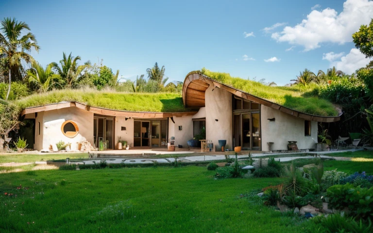 A photograph of a symmetrical contemporary house with (((one hyperbolic paraboloid green roof))) and (((biological pool))) and ((base wall foundation)) in a tropical backyard, mustard yellow terracota plaster walls (((rustic clay stucco))), ((corner walls rounded)), ((rustic clay plaster)), (((terracotta walls with rounded corners, organic curves and squared))), (((rustic earth plaster, mud))), (((hyperbolic-shaped green roof with wooden edge))), (((wooden roof structure, wooden rake, wooden fascia board))), eaves, ((roof with wooden structure)), In Bahia (((tropical garden))), ((natural houses, organic buildings, organic architecture)), ecovillage, sustainable architecture, bioconstruction architecture, solarpunk architecture, (((grass roof, green roof, green wave roof, rounded roof, vegetated roofs))), (((rock base foundation wall, foundation height 30cm, stone base wall 30cm high))), ((green architecture)), passive house, clear sky in the background, painful beauty, modern, imposing, green house, ((Bali hobbit Hadid Style)), super resolution, cinematic, color grading, editorial photography, photography, photo shoot, (((dramatic front eye top angle view))), O 50mm, depth of field, intricate details, natural colors, sharp focus, warm light, shutter speed 1/1000, F/22, White Balance, Ray Trace Reflections, Lumen Reflections, Screen Space Reflections, Diffraction Rating, Chromatic Aberration, GB Shift, Partial Lighting, Backlighting, Daylighting, Scan Lines, ambient occlusion, antialiasing, shaders, OpenGL-Shaders, GLSL-Shaders, Post-processing, post-production, shading, tone mapping, incredibly detailed and complex, hypermaximalist, elegant, hyperrealistic, super detailed, dynamic pose, Fujifilm XT