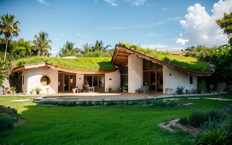 A photograph of a symmetrical contemporary house with (((one hyperbolic paraboloid green roof))) and (((biological pool))) and ((base wall foundation)) in a tropical backyard, mustard yellow terracota plaster walls (((rustic clay stucco))), ((corner walls rounded)), ((rustic clay plaster)), (((terracotta walls with rounded corners, organic curves and squared))), (((rustic earth plaster, mud))), (((hyperbolic-shaped green roof with wooden edge))), (((wooden roof structure, wooden rake, wooden fascia board))), eaves, ((roof with wooden structure)), In Bahia (((tropical garden))), ((natural houses, organic buildings, organic architecture)), ecovillage, sustainable architecture, bioconstruction architecture, solarpunk architecture, (((grass roof, green roof, green wave roof, rounded roof, vegetated roofs))), (((rock base foundation wall, foundation height 30cm, stone base wall 30cm high))), ((green architecture)), passive house, clear sky in the background, painful beauty, modern, imposing, green house, ((Bali hobbit Hadid Style)), super resolution, cinematic, color grading, editorial photography, photography, photo shoot, (((dramatic front eye top angle view))), O 50mm, depth of field, intricate details, natural colors, sharp focus, warm light, shutter speed 1/1000, F/22, White Balance, Ray Trace Reflections, Lumen Reflections, Screen Space Reflections, Diffraction Rating, Chromatic Aberration, GB Shift, Partial Lighting, Backlighting, Daylighting, Scan Lines, ambient occlusion, antialiasing, shaders, OpenGL-Shaders, GLSL-Shaders, Post-processing, post-production, shading, tone mapping, incredibly detailed and complex, hypermaximalist, elegant, hyperrealistic, super detailed, dynamic pose, Fujifilm XT