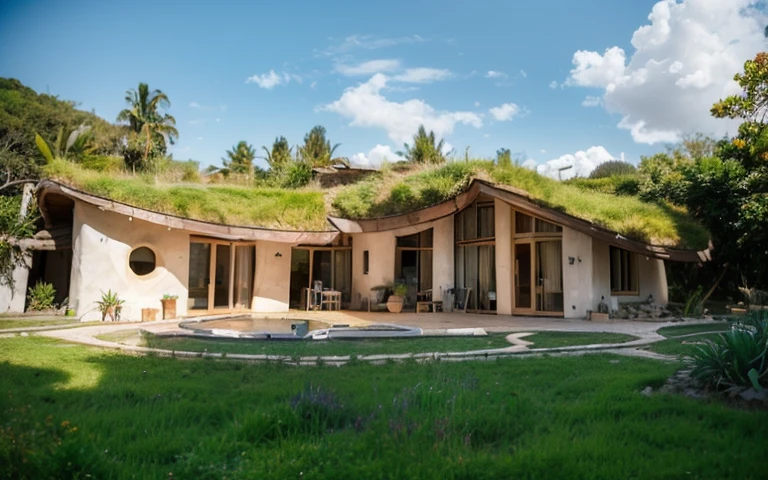 A photograph of a symmetrical contemporary house with (((one hyperbolic paraboloid green roof))) and (((biological pool))) and ((base wall foundation)) in a tropical backyard, mustard yellow terracota plaster walls (((rustic clay stucco))), ((corner walls rounded)), ((rustic clay plaster)), (((terracotta walls with rounded corners, organic curves and squared))), (((rustic earth plaster, mud))), (((hyperbolic-shaped green roof with wooden edge))), (((wooden roof structure, wooden rake, wooden fascia board))), eaves, ((roof with wooden structure)), In Bahia (((tropical garden))), ((natural houses, organic buildings, organic architecture)), ecovillage, sustainable architecture, bioconstruction architecture, solarpunk architecture, (((grass roof, green roof, green wave roof, rounded roof, vegetated roofs))), (((rock base foundation wall, foundation height 30cm, stone base wall 30cm high))), ((green architecture)), passive house, clear sky in the background, painful beauty, modern, imposing, green house, ((Bali hobbit Hadid Style)), super resolution, cinematic, color grading, editorial photography, photography, photo shoot, (((dramatic front eye top angle view))), O 50mm, depth of field, intricate details, natural colors, sharp focus, warm light, shutter speed 1/1000, F/22, White Balance, Ray Trace Reflections, Lumen Reflections, Screen Space Reflections, Diffraction Rating, Chromatic Aberration, GB Shift, Partial Lighting, Backlighting, Daylighting, Scan Lines, ambient occlusion, antialiasing, shaders, OpenGL-Shaders, GLSL-Shaders, Post-processing, post-production, shading, tone mapping, incredibly detailed and complex, hypermaximalist, elegant, hyperrealistic, super detailed, dynamic pose, Fujifilm XT