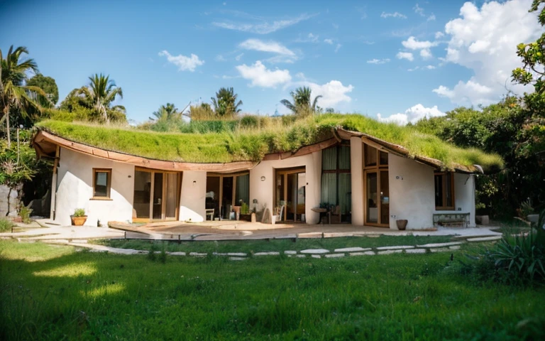 A photograph of a symmetrical contemporary house with (((one hyperbolic paraboloid green roof))) and (((biological pool))) and ((base wall foundation)) in a tropical backyard, mustard yellow terracota plaster walls (((rustic clay stucco))), ((corner walls rounded)), ((rustic clay plaster)), (((terracotta walls with rounded corners, organic curves and squared))), (((rustic earth plaster, mud))), (((hyperbolic-shaped green roof with wooden edge))), (((wooden roof structure, wooden rake, wooden fascia board))), eaves, ((roof with wooden structure)), In Bahia (((tropical garden))), ((natural houses, organic buildings, organic architecture)), ecovillage, sustainable architecture, bioconstruction architecture, solarpunk architecture, (((grass roof, green roof, green wave roof, rounded roof, vegetated roofs))), (((rock base foundation wall, foundation height 30cm, stone base wall 30cm high))), ((green architecture)), passive house, clear sky in the background, painful beauty, modern, imposing, green house, ((Bali hobbit Hadid Style)), super resolution, cinematic, color grading, editorial photography, photography, photo shoot, (((dramatic front eye top angle view))), O 50mm, depth of field, intricate details, natural colors, sharp focus, warm light, shutter speed 1/1000, F/22, White Balance, Ray Trace Reflections, Lumen Reflections, Screen Space Reflections, Diffraction Rating, Chromatic Aberration, GB Shift, Partial Lighting, Backlighting, Daylighting, Scan Lines, ambient occlusion, antialiasing, shaders, OpenGL-Shaders, GLSL-Shaders, Post-processing, post-production, shading, tone mapping, incredibly detailed and complex, hypermaximalist, elegant, hyperrealistic, super detailed, dynamic pose, Fujifilm XT