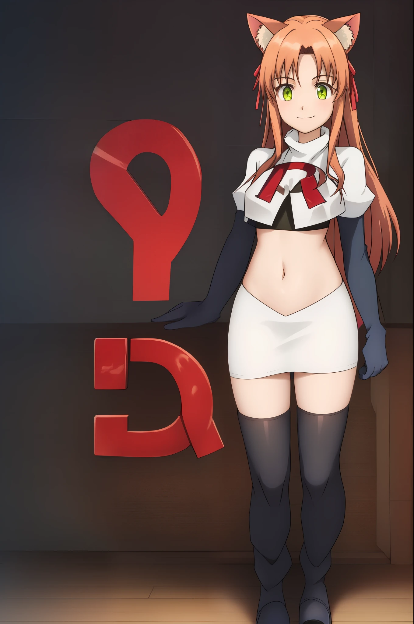 kanade, anime art style, 1girl, solo, long_hair, breasts, looking_at_viewer, smile, bangs, brown_hair, ribbon, animal_ears, very_long_hair, closed_mouth, green_eyes, hair_ribbon, cat_ears, red_ribbon, animal_ear_fluff, team rocket, team rocket uniform, red letter R, white skirt, white crop top, black thigh-high boots, black elbow gloves,