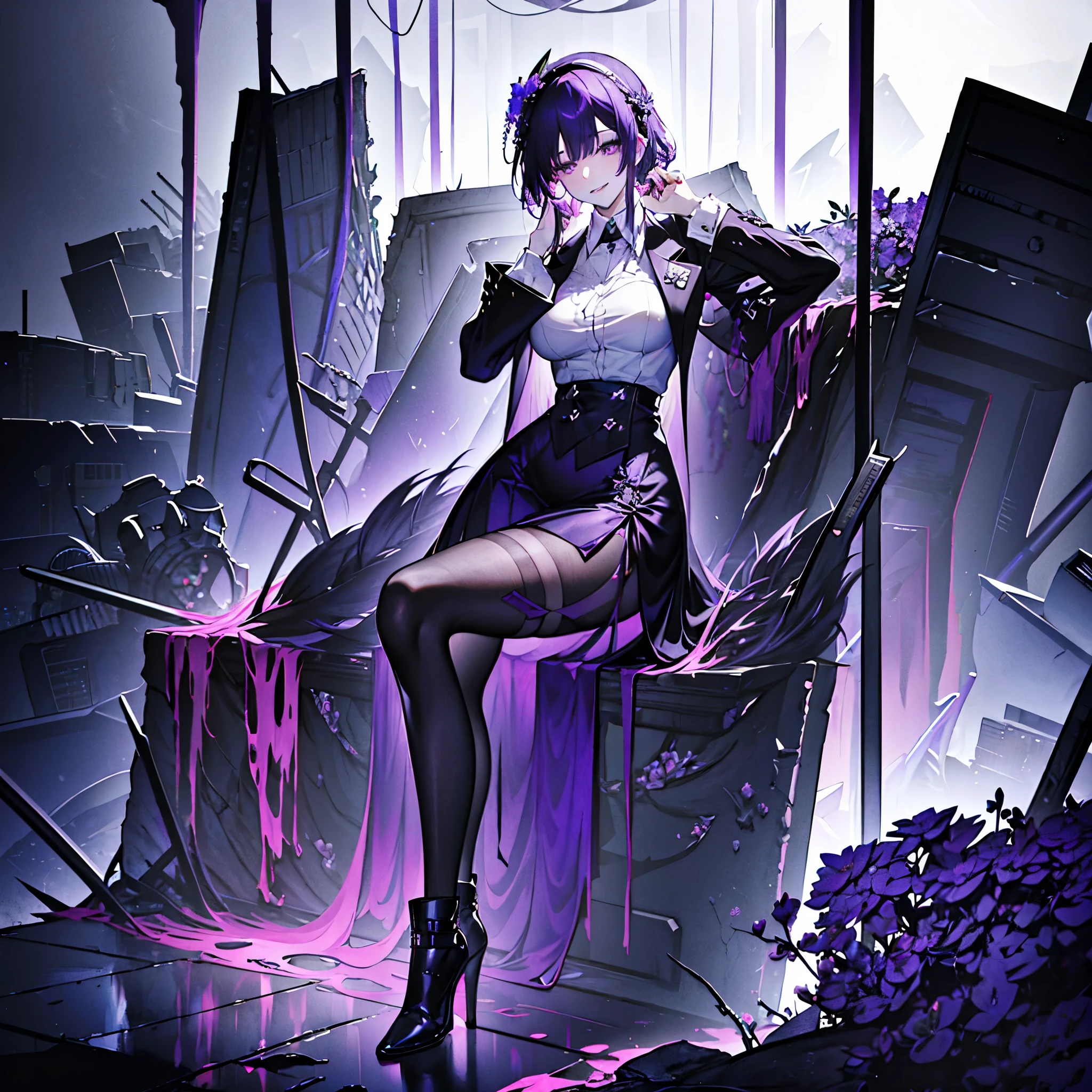 Highest resolution, 8k, ultra detailed outfit, ultra detailed digital illustration, trending on pixiv, (1 girl, solo, mature woman), dark purple hair with silver tips, large breasts, black eyes, (black veil, saw-tooth teeth, jagged teeth), elegant blue blazer, white blouse, deep V-neck, (black stockings, black pantyhose, black boots), (black and purple flowers as hair accessories, black and purple flowers), crossed legs, sexy pose, milf, sitting on a chair, aberrant colours, barren lands as background, colour scheme of background is purple black and blue, light grin, evil aura, curvy waist, long skirt