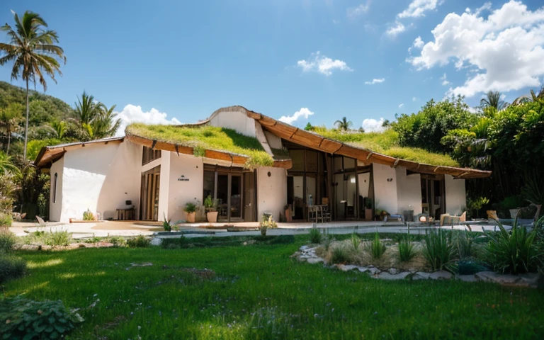A photograph of a symmetrical contemporary house with (((one hyperbolic paraboloid green roof))) and (((biological pool))) and ((base wall foundation)) in a tropical backyard, mustard yellow terracota plaster walls (((rustic clay stucco))), ((corner walls rounded)), ((rustic clay plaster)), (((terracotta walls with rounded corners, organic curves and squared))), (((rustic earth plaster, mud))), (((hyperbolic-shaped green roof with wooden edge))), (((wooden roof structure, wooden rake, wooden fascia board))), eaves, ((roof with wooden structure)), In Bahia (((tropical garden))), ((natural houses, organic buildings, organic architecture)), ecovillage, sustainable architecture, bioconstruction architecture, solarpunk architecture, (((grass roof, green roof, green wave roof, rounded roof, vegetated roofs))), (((rock base foundation wall, foundation height 30cm, stone base wall 30cm high))), ((green architecture)), passive house, clear sky in the background, painful beauty, modern, imposing, green house, ((Bali hobbit Hadid Style)), super resolution, cinematic, color grading, editorial photography, photography, photo shoot, (((dramatic front eye top angle view))), O 50mm, depth of field, intricate details, natural colors, sharp focus, warm light, shutter speed 1/1000, F/22, White Balance, Ray Trace Reflections, Lumen Reflections, Screen Space Reflections, Diffraction Rating, Chromatic Aberration, GB Shift, Partial Lighting, Backlighting, Daylighting, Scan Lines, ambient occlusion, antialiasing, shaders, OpenGL-Shaders, GLSL-Shaders, Post-processing, post-production, shading, tone mapping, incredibly detailed and complex, hypermaximalist, elegant, hyperrealistic, super detailed, dynamic pose, Fujifilm XT