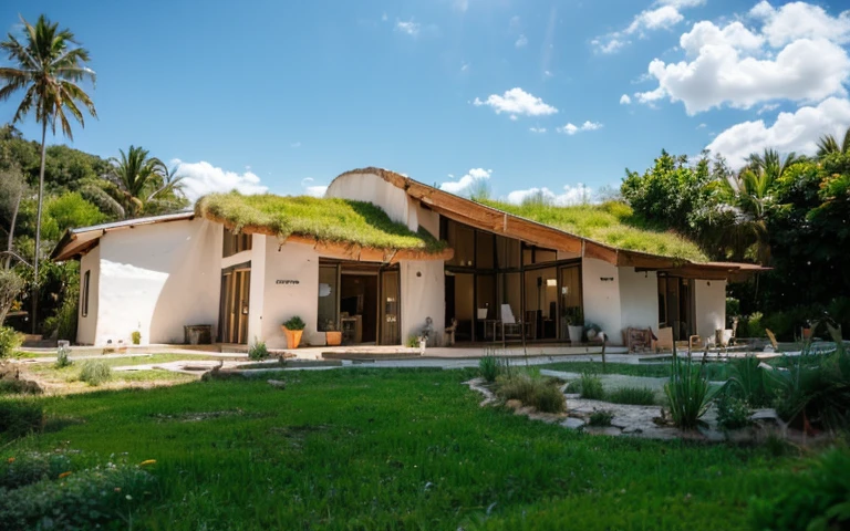 A photograph of a symmetrical contemporary house with (((one hyperbolic paraboloid green roof))) and (((biological pool))) and ((base wall foundation)) in a tropical backyard, mustard yellow terracota plaster walls (((rustic clay stucco))), ((corner walls rounded)), ((rustic clay plaster)), (((terracotta walls with rounded corners, organic curves and squared))), (((rustic earth plaster, mud))), (((hyperbolic-shaped green roof with wooden edge))), (((wooden roof structure, wooden rake, wooden fascia board))), eaves, ((roof with wooden structure)), In Bahia (((tropical garden))), ((natural houses, organic buildings, organic architecture)), ecovillage, sustainable architecture, bioconstruction architecture, solarpunk architecture, (((grass roof, green roof, green wave roof, rounded roof, vegetated roofs))), (((rock base foundation wall, foundation height 30cm, stone base wall 30cm high))), ((green architecture)), passive house, clear sky in the background, painful beauty, modern, imposing, green house, ((Bali hobbit Hadid Style)), super resolution, cinematic, color grading, editorial photography, photography, photo shoot, (((dramatic front eye top angle view))), O 50mm, depth of field, intricate details, natural colors, sharp focus, warm light, shutter speed 1/1000, F/22, White Balance, Ray Trace Reflections, Lumen Reflections, Screen Space Reflections, Diffraction Rating, Chromatic Aberration, GB Shift, Partial Lighting, Backlighting, Daylighting, Scan Lines, ambient occlusion, antialiasing, shaders, OpenGL-Shaders, GLSL-Shaders, Post-processing, post-production, shading, tone mapping, incredibly detailed and complex, hypermaximalist, elegant, hyperrealistic, super detailed, dynamic pose, Fujifilm XT