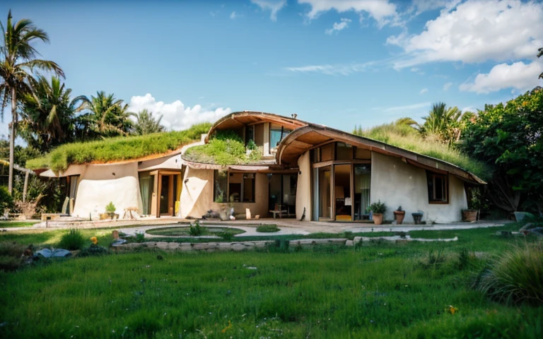 A photograph of a symmetrical contemporary house with (((one hyperbolic paraboloid green roof))) and (((biological pool))) and ((base wall foundation)) in a tropical backyard, mustard yellow terracota plaster walls (((rustic clay stucco))), ((corner walls rounded)), ((rustic clay plaster)), (((terracotta walls with rounded corners, organic curves and squared))), (((rustic earth plaster, mud))), (((hyperbolic-shaped green roof with wooden edge))), (((wooden roof structure, wooden rake, wooden fascia board))), eaves, ((roof with wooden structure)), In Bahia (((tropical garden))), ((natural houses, organic buildings, organic architecture)), ecovillage, sustainable architecture, bioconstruction architecture, solarpunk architecture, (((grass roof, green roof, green wave roof, rounded roof, vegetated roofs))), (((rock base foundation wall, foundation height 30cm, stone base wall 30cm high))), ((green architecture)), passive house, clear sky in the background, painful beauty, modern, imposing, green house, ((Bali hobbit Hadid Style)), super resolution, cinematic, color grading, editorial photography, photography, photo shoot, (((dramatic front eye top angle view))), O 50mm, depth of field, intricate details, natural colors, sharp focus, warm light, shutter speed 1/1000, F/22, White Balance, Ray Trace Reflections, Lumen Reflections, Screen Space Reflections, Diffraction Rating, Chromatic Aberration, GB Shift, Partial Lighting, Backlighting, Daylighting, Scan Lines, ambient occlusion, antialiasing, shaders, OpenGL-Shaders, GLSL-Shaders, Post-processing, post-production, shading, tone mapping, incredibly detailed and complex, hypermaximalist, elegant, hyperrealistic, super detailed, dynamic pose, Fujifilm XT