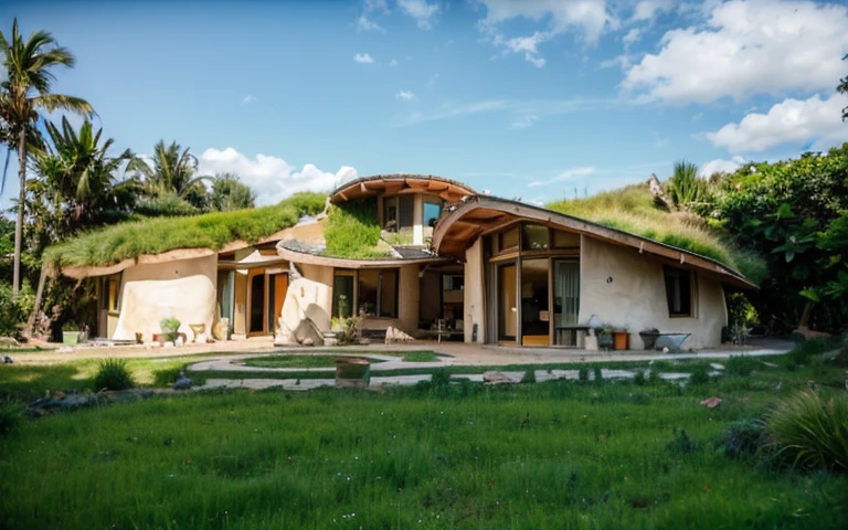 A photograph of a symmetrical contemporary house with (((one hyperbolic paraboloid green roof))) and (((biological pool))) and ((base wall foundation)) in a tropical backyard, mustard yellow terracota plaster walls (((rustic clay stucco))), ((corner walls rounded)), ((rustic clay plaster)), (((terracotta walls with rounded corners, organic curves and squared))), (((rustic earth plaster, mud))), (((hyperbolic-shaped green roof with wooden edge))), (((wooden roof structure, wooden rake, wooden fascia board))), eaves, ((roof with wooden structure)), In Bahia (((tropical garden))), ((natural houses, organic buildings, organic architecture)), ecovillage, sustainable architecture, bioconstruction architecture, solarpunk architecture, (((grass roof, green roof, green wave roof, rounded roof, vegetated roofs))), (((rock base foundation wall, foundation height 30cm, stone base wall 30cm high))), ((green architecture)), passive house, clear sky in the background, painful beauty, modern, imposing, green house, ((Bali hobbit Hadid Style)), super resolution, cinematic, color grading, editorial photography, photography, photo shoot, (((dramatic front eye top angle view))), O 50mm, depth of field, intricate details, natural colors, sharp focus, warm light, shutter speed 1/1000, F/22, White Balance, Ray Trace Reflections, Lumen Reflections, Screen Space Reflections, Diffraction Rating, Chromatic Aberration, GB Shift, Partial Lighting, Backlighting, Daylighting, Scan Lines, ambient occlusion, antialiasing, shaders, OpenGL-Shaders, GLSL-Shaders, Post-processing, post-production, shading, tone mapping, incredibly detailed and complex, hypermaximalist, elegant, hyperrealistic, super detailed, dynamic pose, Fujifilm XT