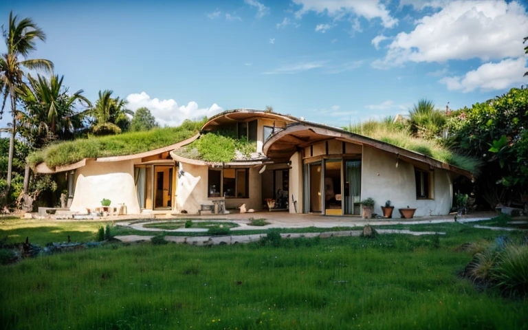 A photograph of a symmetrical contemporary house with (((one hyperbolic paraboloid green roof))) and (((biological pool))) and ((base wall foundation)) in a tropical backyard, mustard yellow terracota plaster walls (((rustic clay stucco))), ((corner walls rounded)), ((rustic clay plaster)), (((terracotta walls with rounded corners, organic curves and squared))), (((rustic earth plaster, mud))), (((hyperbolic-shaped green roof with wooden edge))), (((wooden roof structure, wooden rake, wooden fascia board))), eaves, ((roof with wooden structure)), In Bahia (((tropical garden))), ((natural houses, organic buildings, organic architecture)), ecovillage, sustainable architecture, bioconstruction architecture, solarpunk architecture, (((grass roof, green roof, green wave roof, rounded roof, vegetated roofs))), (((rock base foundation wall, foundation height 30cm, stone base wall 30cm high))), ((green architecture)), passive house, clear sky in the background, painful beauty, modern, imposing, green house, ((Bali hobbit Hadid Style)), super resolution, cinematic, color grading, editorial photography, photography, photo shoot, (((dramatic front eye top angle view))), O 50mm, depth of field, intricate details, natural colors, sharp focus, warm light, shutter speed 1/1000, F/22, White Balance, Ray Trace Reflections, Lumen Reflections, Screen Space Reflections, Diffraction Rating, Chromatic Aberration, GB Shift, Partial Lighting, Backlighting, Daylighting, Scan Lines, ambient occlusion, antialiasing, shaders, OpenGL-Shaders, GLSL-Shaders, Post-processing, post-production, shading, tone mapping, incredibly detailed and complex, hypermaximalist, elegant, hyperrealistic, super detailed, dynamic pose, Fujifilm XT