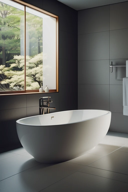 cinematic still of bathtub on the japanese-style bathroom with window lighting at morning, close-up, blurry foreground, f/2.8, Hasselblad, 35mm, masterpiece, ultra high res.photorealistic:.1.4, UHD