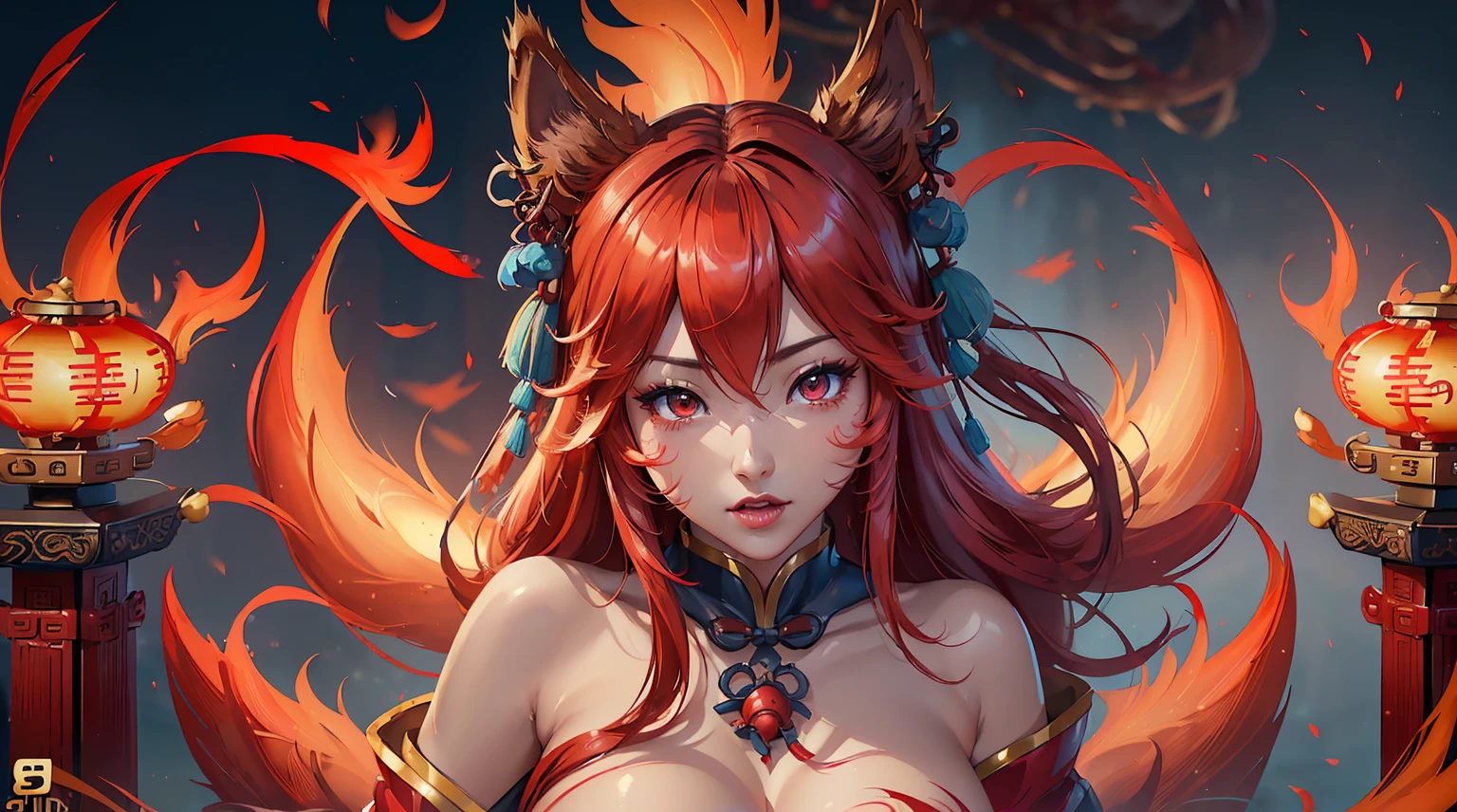 Ahri, ((((single person, single girl)))), perfect breasts, ((upperbody shot)), highly detailed face, well defined face details, detailed face lighting, (((chinese aesthetics))), (((chinese aesthetic background))), ((red flames)), ((((8k ultra HD)))), red theme color scheme, ((((high quality photo)))), ((((extremely detailed)))), (photo realistic:1.2)