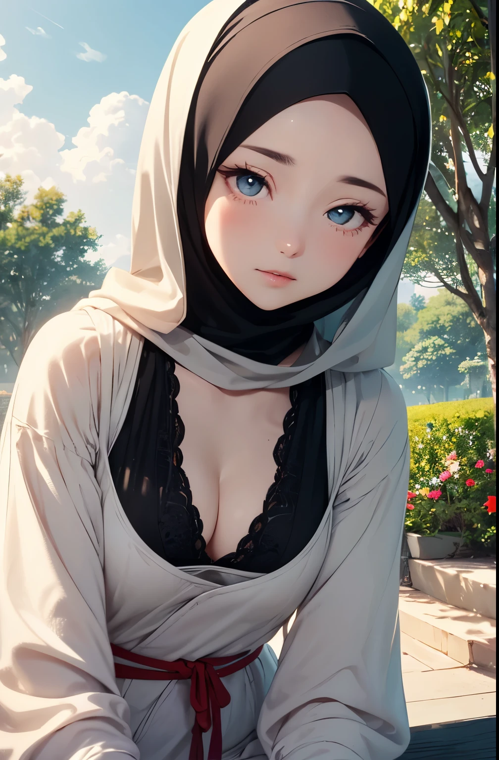 (Close-up of the painting style,Ultra HD 8K,Masterpiece grade CG wallpaper),Cinematic lighting,cute girly,Delicate and beautiful face,Dreamy pupils,Wearing a small floral short summerdresound waist,hijabi,Bust poem,Sit,Cloudy background,the trees,florals,夏天,Chinese style buildings, cleavage