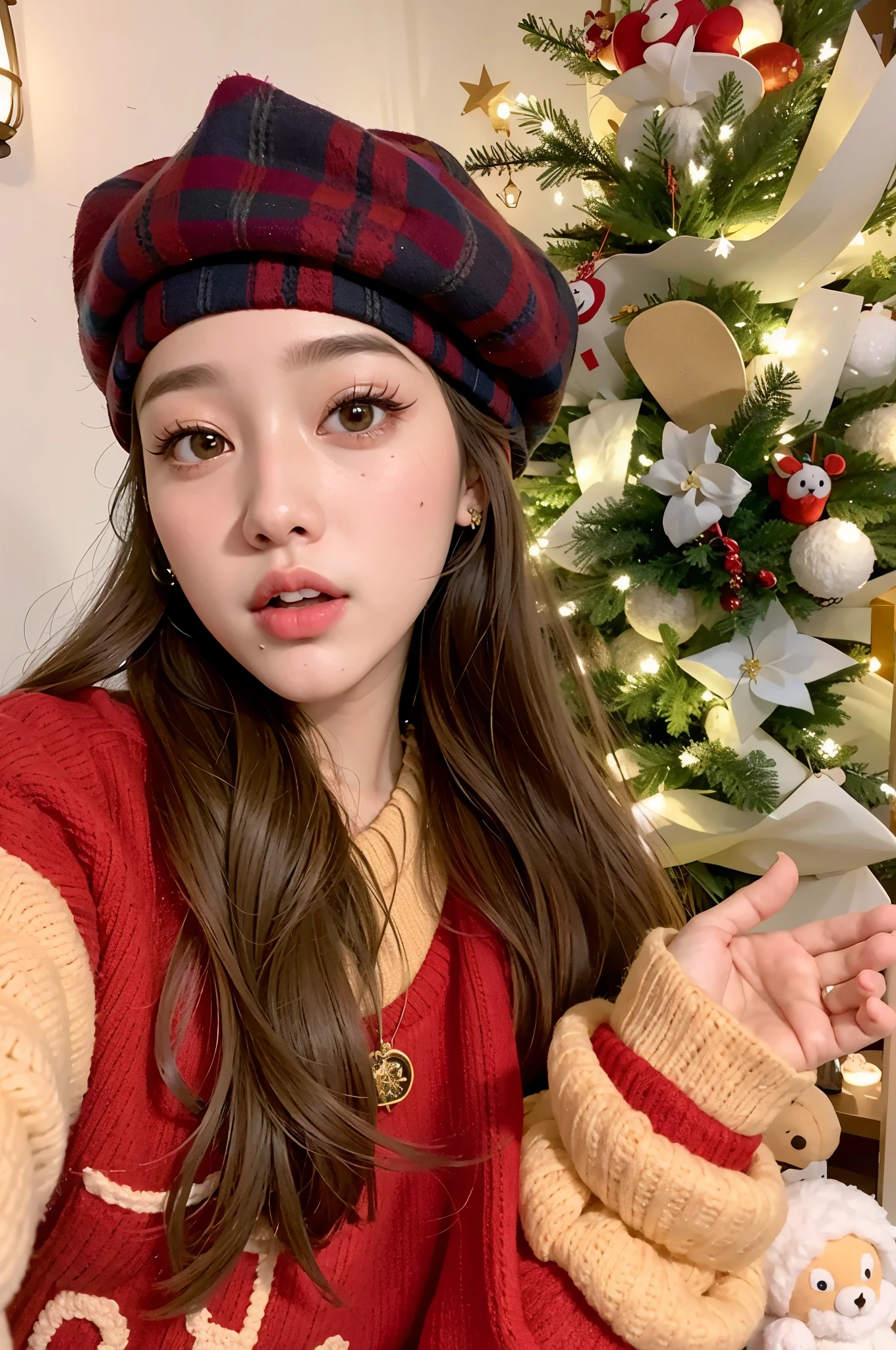 Arafed girl in a red sweater and a plaid hat holding a teddy bear., dilraba dilmurat, ulzzang, Lalisa Manobal, Blackpink Jennie, maquillaje popular de Corea del Sur, maquillaje coreano popular, Sakimichan, Con boina francesa, Hermosa mujer surcoreana, Wan adorable cara coreana, Chica coreana, Jaeyeon Nam, an oversized beret