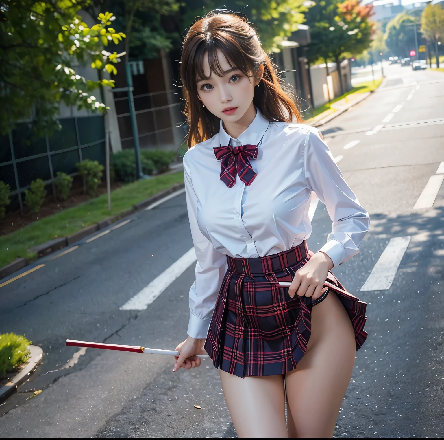 top-quality, 8K picture quality, masterpiece, A hyper-realistic, (Two girls side by side:1.2), Perfect body and firm big breasts, Bright whitening skin, A skin-tight white stretch blouse with a deep red ribbon tie., Micro mini pleated tartan check skirt, (the skirt is incredibly short), (Stick out your butt and show off your beautiful butt:1.3), (above the knee while standing), thin-waist, , (Both of them are proud of their beautiful butts), Skirtliftv1