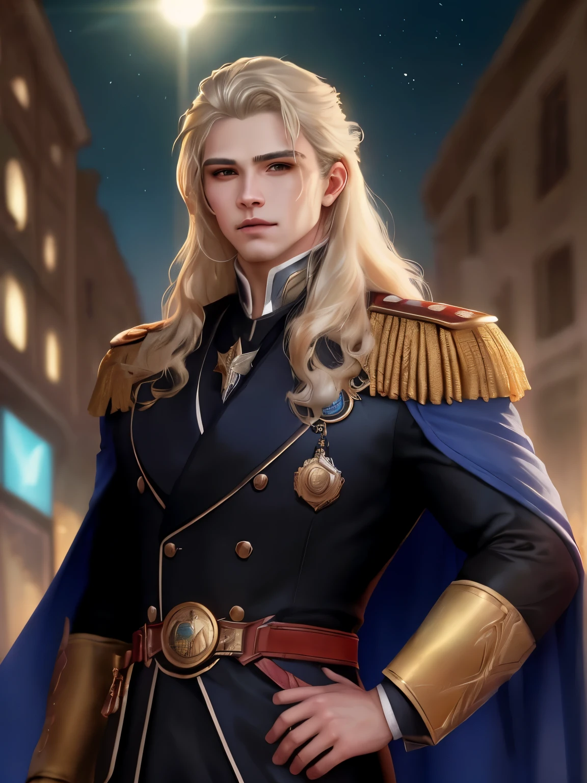 Ultra-high saturation，（tmasterpiece）， foto de corpo inteiro，（melhor qualidade）， （1 cinta）， night city background，Usando unifome miltiar azul marinho， 19th century tsar&#39;s military uniform，Cool-pose， star guardian uniforme，blonde hair，alto detalhe, estilo anime, Cinematic lighting, brilho, deus luz, Traching de raias, filmgrain, hiper HD, textura, super detalhamento, anatomia correta, A high resolution，Ultra-high saturation，alto contraste，Armadura de alto brilho，Pele lisa，serious expressions, retrato pintado de um Thor robusto, god of thunder, jovem deus grego, cabelo loiro ventoso, masculino, insanamente bonito, parte superior do corpo, muscular, um uniforme militar de gala, um uniforme lindo, uniforme azul marinho e dourado, fantasia, intrincado, elegante, altamente detalhado, pintura digital, art-station, arte conceitual, suave, foco nítido, illustration, tecido de ouro e arte de joias por Gaston Bussiere e Alphonse Mucha