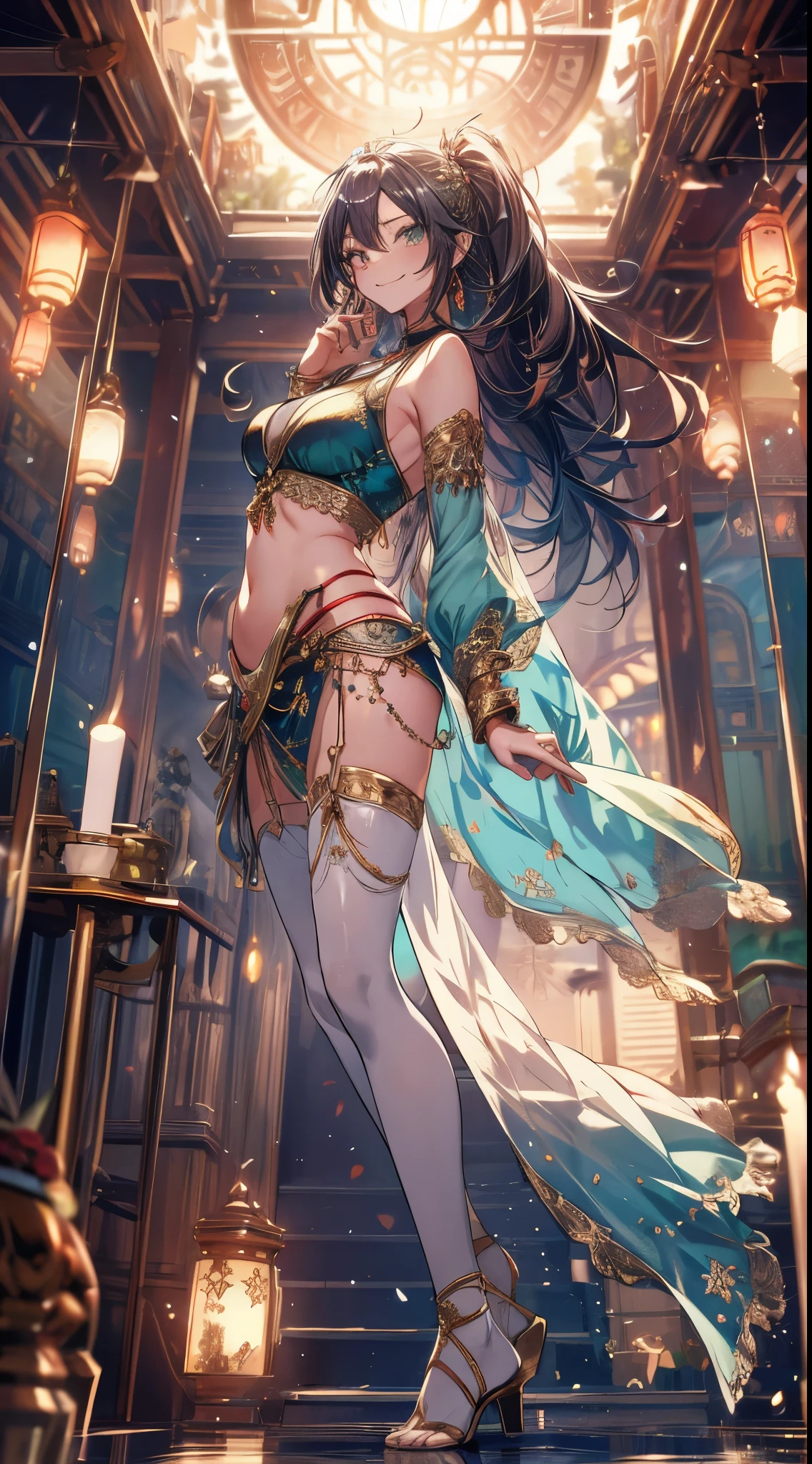 ((Ultra high resolution, 8K RAW photo, super realistics)), ((correct anatomy:1.5, ideal ratio of body proportions, long legs:1.37)), dancing Oppai gal, dancing, swinging boobs, stepping hard, (rising up leg:1.2, arm up:1.3, arm pit:1.2), floating turn, turning, twisted body, long wavy hair, silver hair, crimson mesh hair, floating hair, fluttering hair, (high detailed face, super detailed eye), (sfw:1.25), belly dance, Arabian, turquoise green outfits, delicate detailed clothes and accessories, see-through clothes, mesh robe, great festival show, indoors, in a temple, special altar, sexy dance, leaning backward, showing off crotch, looking at viewer, sexy smile, dutch angle, from below, side view, floating extra see-through clothes, splash, bokeh, extra floating see-through clothes,
