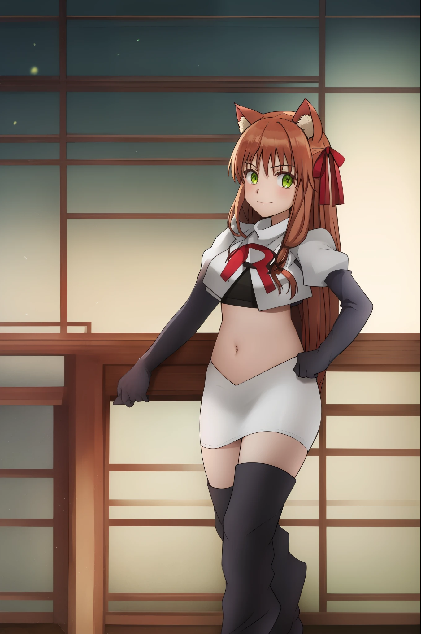 kanade, anime art style, 1girl, solo, long_hair, breasts, looking_at_viewer, smile, bangs, brown_hair, ribbon, animal_ears, very_long_hair, closed_mouth, green_eyes, hair_ribbon, cat_ears, red_ribbon, animal_ear_fluff, team rocket, team rocket uniform, red letter R, white skirt, white crop top, black thigh-high boots, black elbow gloves,