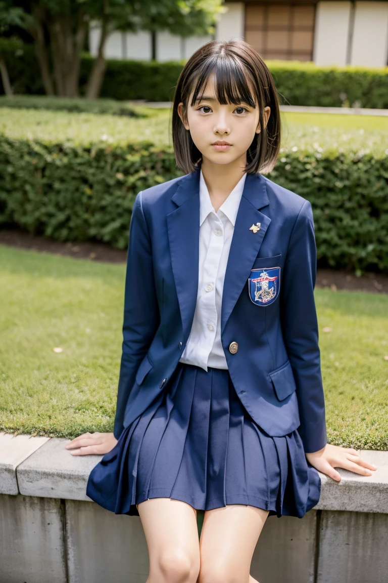 lawn、((Two beautiful Japan girls))、((Two beautiful girls))、Cute same school uniform、Same dark blue blazer uniform、15yo student、Wistful expression、A dark-haired、With bangs、Tall、Straight semi-long hair、((Long skirt to hide the knees))、((Navy long skirt below knee length))、Niō Standing、evening、the wind、Thin leg、Do not sit、Standing、put strength into your body、Short Bob、Bun hair、