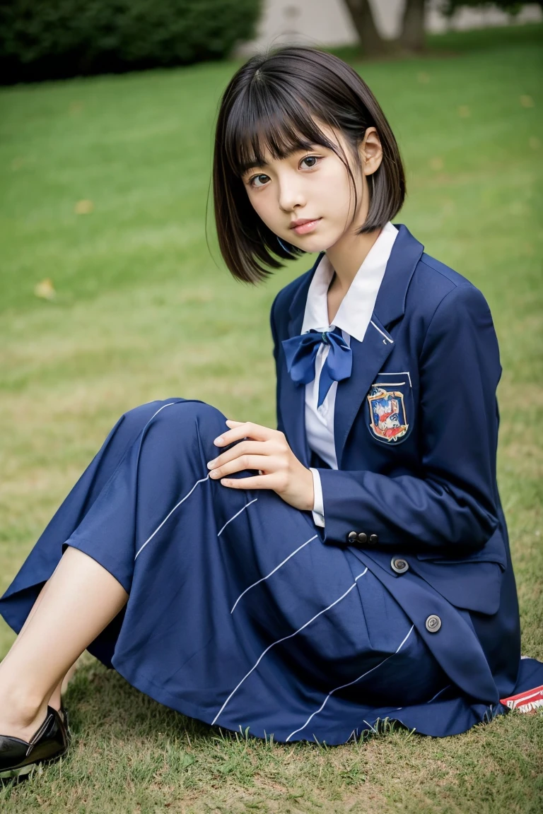 lawn、((Two beautiful Japan girls))、((Two beautiful girls))、Cute same school uniform、Same dark blue blazer uniform、15yo student、Wistful expression、A dark-haired、With bangs、Tall、Straight semi-long hair、((Long skirt to hide the knees))、((Navy long skirt below knee length))、Niō Standing、evening、the wind、Thin leg、Do not sit、Standing、put strength into your body、Short Bob、Bun hair、