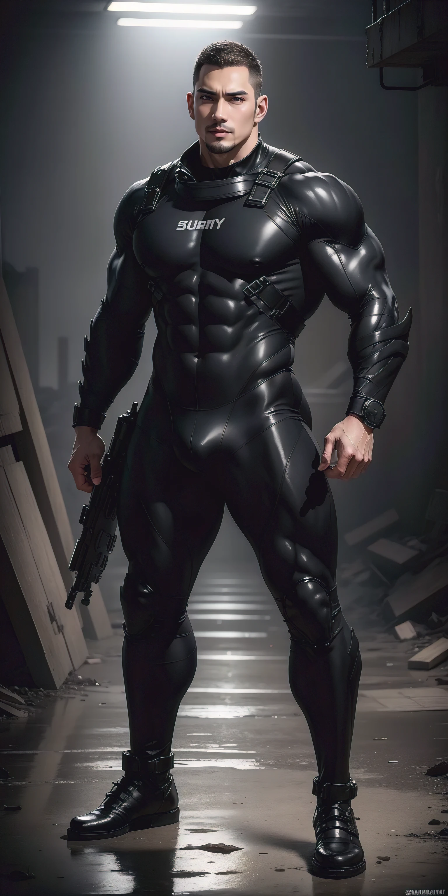 A tall, muscular man 2 meters tall opened his mouth and shouted.，He opened his mouth wide，character  design（Resident Evil - Chris Redfield，Chris Redfield）Wearing a shiny dark gray wetsuit，The whole body is wrapped，High-end leather texture，Regular symmetrical texture pattern，Standing alone in an abandoned factory, Bright sunlight shines on the body，，expression sad，A hero with deep and charming pupils，heroic masculine pose，Tall and burly，Muscular！Sexy and attractive leg muscles，tall, Burly, and strong， Wearing a shiny dark gray wetsuit， Super gain and cool， commission for high resolution， Big feet in dark gray boots，Charming strong man，Bright sunlight shines on the body，Reflective and shiny