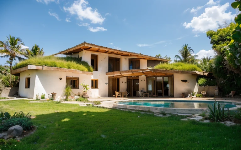 A photograph of a symmetrical contemporary house with (((one hyperbolic paraboloid green roof))) and (((biological pool))) and ((base wall foundation)) in a tropical backyard, mustard yellow terracota plaster walls (((rustic clay stucco))), ((corner walls rounded)), ((rustic clay plaster)), (((terracotta walls with rounded corners, organic curves and squared))), (((rustic earth plaster, mud))), (((hyperbolic-shaped green roof with wooden edge))), (((wooden roof structure, wooden rake, wooden fascia board))), eaves, ((roof with wooden structure)), In Bahia (((tropical garden))), ((natural houses, organic buildings, organic architecture)), ecovillage, sustainable architecture, bioconstruction architecture, solarpunk architecture, (((grass roof, green roof, green wave roof, rounded roof, vegetated roofs))), (((rock base foundation wall, foundation height 30cm, stone base wall 30cm high))), ((green architecture)), passive house, clear sky in the background, painful beauty, modern, imposing, green house, ((Bali hobbit Hadid Style)), super resolution, cinematic, color grading, editorial photography, photography, photo shoot, (((dramatic front eye top angle view))), O 50mm, depth of field, intricate details, natural colors, sharp focus, warm light, shutter speed 1/1000, F/22, White Balance, Ray Trace Reflections, Lumen Reflections, Screen Space Reflections, Diffraction Rating, Chromatic Aberration, GB Shift, Partial Lighting, Backlighting, Daylighting, Scan Lines, ambient occlusion, antialiasing, shaders, OpenGL-Shaders, GLSL-Shaders, Post-processing, post-production, shading, tone mapping, incredibly detailed and complex, hypermaximalist, elegant, hyperrealistic, super detailed, dynamic pose, Fujifilm XT