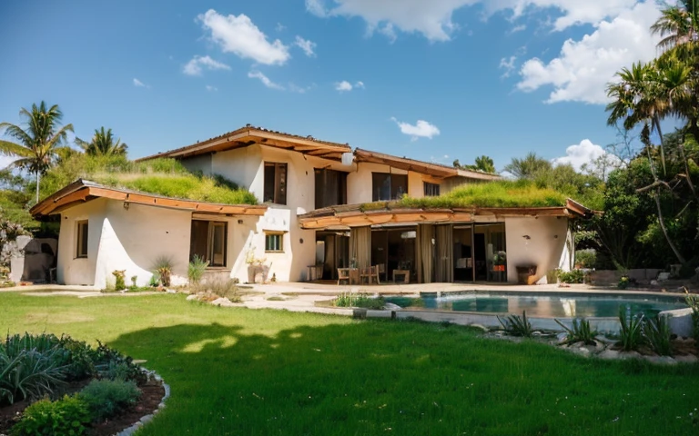 A photograph of a symmetrical contemporary house with (((one hyperbolic paraboloid green roof))) and (((biological pool))) and ((base wall foundation)) in a tropical backyard, mustard yellow terracota plaster walls (((rustic clay stucco))), ((corner walls rounded)), ((rustic clay plaster)), (((terracotta walls with rounded corners, organic curves and squared))), (((rustic earth plaster, mud))), (((hyperbolic-shaped green roof with wooden edge))), (((wooden roof structure, wooden rake, wooden fascia board))), eaves, ((roof with wooden structure)), In Bahia (((tropical garden))), ((natural houses, organic buildings, organic architecture)), ecovillage, sustainable architecture, bioconstruction architecture, solarpunk architecture, (((grass roof, green roof, green wave roof, rounded roof, vegetated roofs))), (((rock base foundation wall, foundation height 30cm, stone base wall 30cm high))), ((green architecture)), passive house, clear sky in the background, painful beauty, modern, imposing, green house, ((Bali hobbit Hadid Style)), super resolution, cinematic, color grading, editorial photography, photography, photo shoot, (((dramatic front eye top angle view))), O 50mm, depth of field, intricate details, natural colors, sharp focus, warm light, shutter speed 1/1000, F/22, White Balance, Ray Trace Reflections, Lumen Reflections, Screen Space Reflections, Diffraction Rating, Chromatic Aberration, GB Shift, Partial Lighting, Backlighting, Daylighting, Scan Lines, ambient occlusion, antialiasing, shaders, OpenGL-Shaders, GLSL-Shaders, Post-processing, post-production, shading, tone mapping, incredibly detailed and complex, hypermaximalist, elegant, hyperrealistic, super detailed, dynamic pose, Fujifilm XT