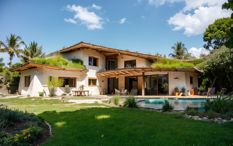 A photograph of a symmetrical contemporary house with (((one hyperbolic paraboloid green roof))) and (((biological pool))) and ((base wall foundation)) in a tropical backyard, mustard yellow terracota plaster walls (((rustic clay stucco))), ((corner walls rounded)), ((rustic clay plaster)), (((terracotta walls with rounded corners, organic curves and squared))), (((rustic earth plaster, mud))), (((hyperbolic-shaped green roof with wooden edge))), (((wooden roof structure, wooden rake, wooden fascia board))), eaves, ((roof with wooden structure)), In Bahia (((tropical garden))), ((natural houses, organic buildings, organic architecture)), ecovillage, sustainable architecture, bioconstruction architecture, solarpunk architecture, (((grass roof, green roof, green wave roof, rounded roof, vegetated roofs))), (((rock base foundation wall, foundation height 30cm, stone base wall 30cm high))), ((green architecture)), passive house, clear sky in the background, painful beauty, modern, imposing, green house, ((Bali hobbit Hadid Style)), super resolution, cinematic, color grading, editorial photography, photography, photo shoot, (((dramatic front eye top angle view))), O 50mm, depth of field, intricate details, natural colors, sharp focus, warm light, shutter speed 1/1000, F/22, White Balance, Ray Trace Reflections, Lumen Reflections, Screen Space Reflections, Diffraction Rating, Chromatic Aberration, GB Shift, Partial Lighting, Backlighting, Daylighting, Scan Lines, ambient occlusion, antialiasing, shaders, OpenGL-Shaders, GLSL-Shaders, Post-processing, post-production, shading, tone mapping, incredibly detailed and complex, hypermaximalist, elegant, hyperrealistic, super detailed, dynamic pose, Fujifilm XT