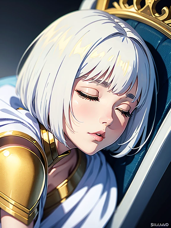 highres, superb quality, Hyper HD, 巨作, highly detailed, ((masterpiece)), ((young_adult_face)), ((front view)), (glowing golden eyes), anime girl, gradient (white hair), asymmetrical bob haircut, bob haircut, asymmetrical hair, (shiny skin), white_hair, solo, slumped over on a throne, ((asleep)), ((asleep)) on a throne, laying in a throne, ❤ love, beautiful, wearing a gown,