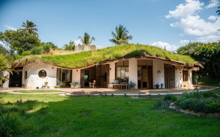 A photograph of a symmetrical contemporary house with (((one hyperbolic paraboloid green roof))) and (((biological pool))) and ((base wall foundation)) in a tropical backyard, mustard yellow terracota plaster walls (((rustic clay stucco))), ((corner walls rounded)), ((rustic clay plaster)), (((terracotta walls with rounded corners, organic curves and squared))), (((rustic earth plaster, mud))), (((hyperbolic-shaped green roof with wooden edge))), (((wooden roof structure, wooden rake, wooden fascia board))), eaves, ((roof with wooden structure)), In Bahia (((tropical garden))), ((natural houses, organic buildings, organic architecture)), ecovillage, sustainable architecture, bioconstruction architecture, solarpunk architecture, (((grass roof, green roof, green wave roof, rounded roof, vegetated roofs))), (((rock base foundation wall, foundation height 30cm, stone base wall 30cm high))), ((green architecture)), passive house, clear sky in the background, painful beauty, modern, imposing, green house, ((Bali hobbit Hadid Style)), super resolution, cinematic, color grading, editorial photography, photography, photo shoot, (((dramatic front eye top angle view))), O 50mm, depth of field, intricate details, natural colors, sharp focus, warm light, shutter speed 1/1000, F/22, White Balance, Ray Trace Reflections, Lumen Reflections, Screen Space Reflections, Diffraction Rating, Chromatic Aberration, GB Shift, Partial Lighting, Backlighting, Daylighting, Scan Lines, ambient occlusion, antialiasing, shaders, OpenGL-Shaders, GLSL-Shaders, Post-processing, post-production, shading, tone mapping, incredibly detailed and complex, hypermaximalist, elegant, hyperrealistic, super detailed, dynamic pose, Fujifilm XT