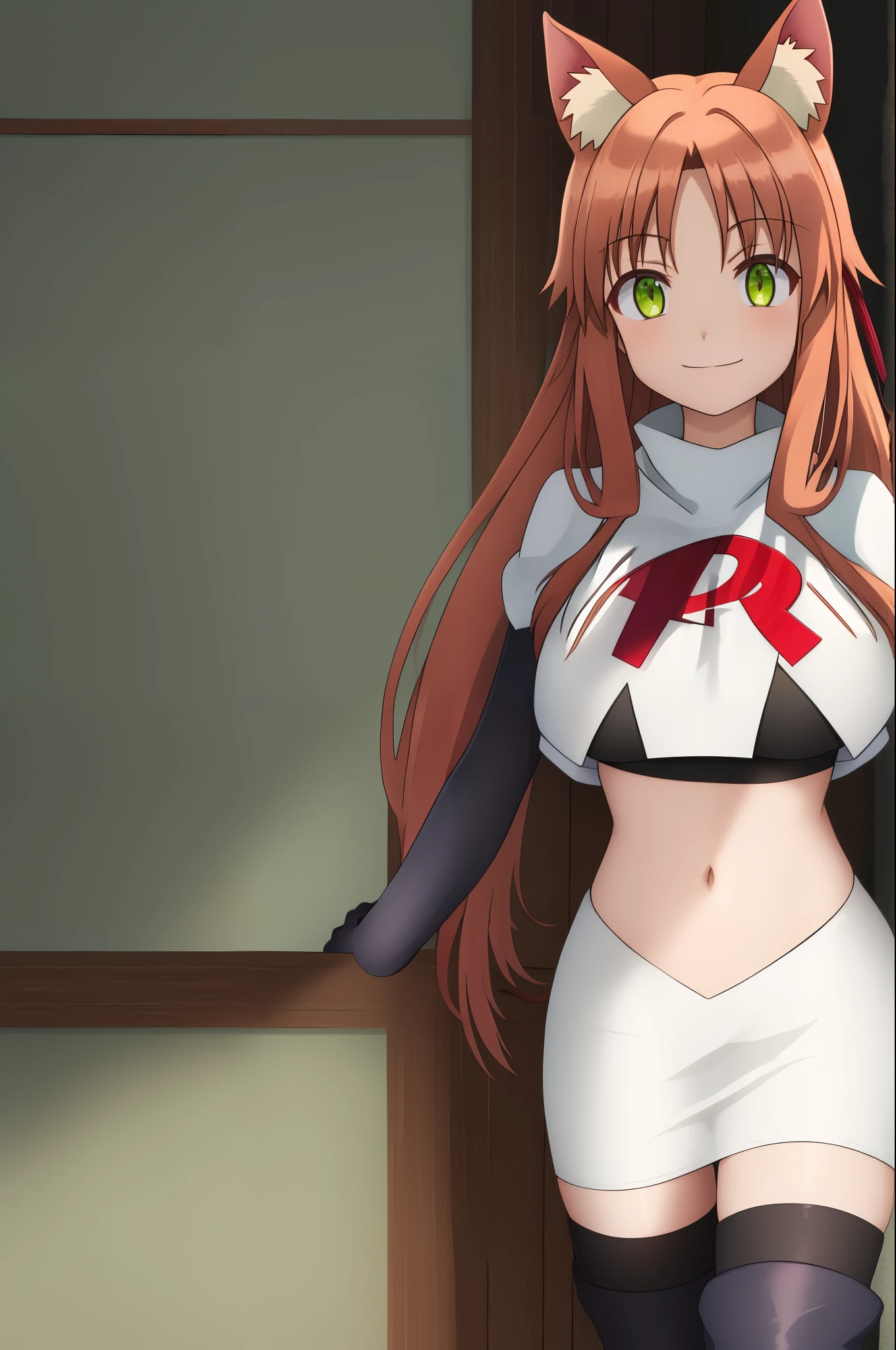 kanade, anime art style, 1girl, solo, long_hair, breasts, looking_at_viewer, smile, bangs, brown_hair, ribbon, animal_ears, very_long_hair, closed_mouth, green_eyes, hair_ribbon, cat_ears, red_ribbon, animal_ear_fluff, team rocket, team rocket uniform, red letter R, white skirt, white crop top, black thigh-high boots, black elbow gloves,