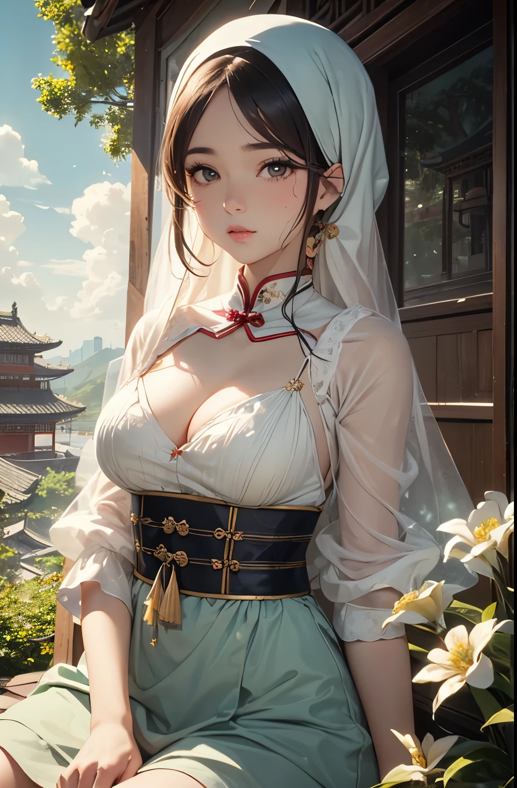 (Close-up of the painting style，Ultra HD 8K，Masterpiece grade CG wallpaper)，Cinematic lighting，cute girly，Delicate and beautiful face，Dreamy pupils，Wearing a small floral short summerdresound waist,hijabi,Bust poem,Sit，Cloudy background,the trees,florals,夏天,Chinese style buildings, cleavage, magical