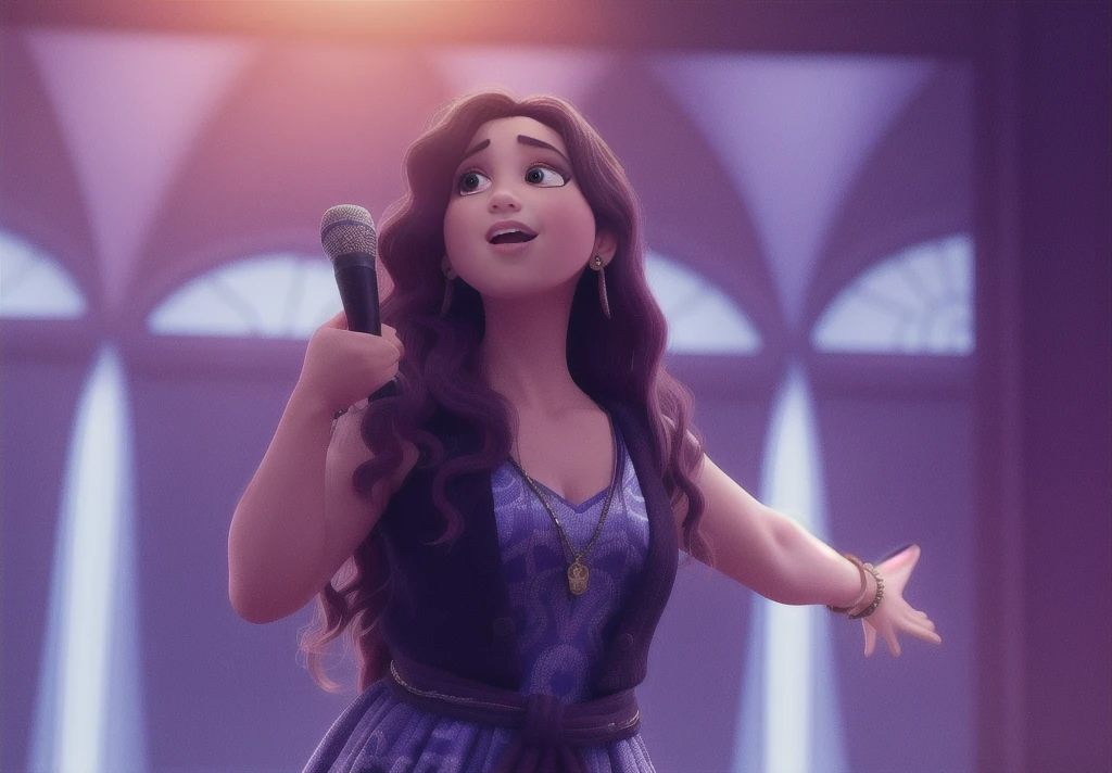 Disney Pixar style poster of a 35-year-old Peruvian salsa singer with white skin and a long forehead, vestido de tiras y corto con brillos y de moda, aretes colgante de tela , cabello ondulado negro peinado bohemia como protagonista cantando en un concierto de noche