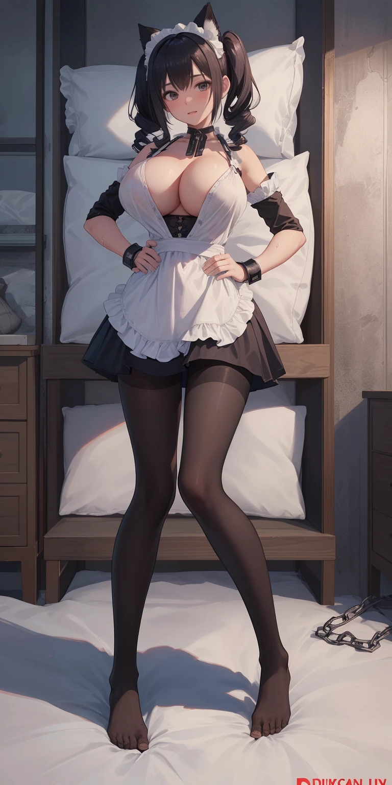 SFW, SLAVE FEMALE, Maid for sale. An African (very black skin) domestic worker for text "US dollar" full body, barefoot, standing straight symmetrical, huge boob(masterpiece, best quality:1.2), smirking smile, red blush, wet body, looking at viewer, hands on hips, twintails, twin drills, dress, blue pantyhose, striped pantyhose, Handcuffs on their hands, With a collar around the neck, slave catgirl ((black choker, shackles on legs and armedroom background (bed, pillow, sheet))