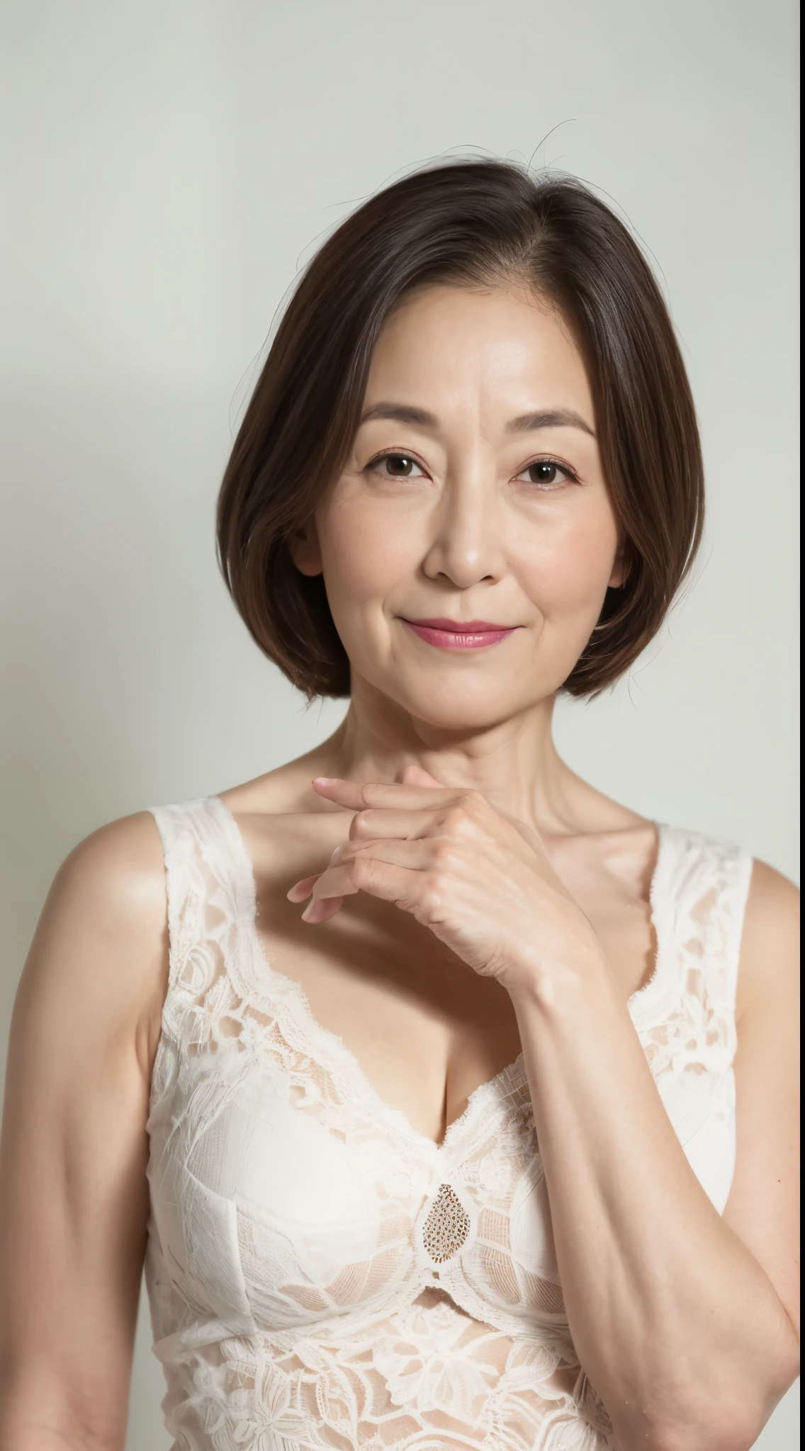 (((Solo))), Elderly Mature Woman, Pure white background, gravure, facing front, ((Center your face on the screen)), Correctly depict lips,red-lips, Fancy makeup, from the chest up, masutepiece, Best Quality, Ultra-detailed, Photorealistic, Ultra-detailed細なスキン, Perfect Anatomy, (1 japanese mature woman), (Positive), 95 years old, huge udder, Mature Woman Politician, glamor, A sexy, Chromo-white skin, Looking at Viewer,