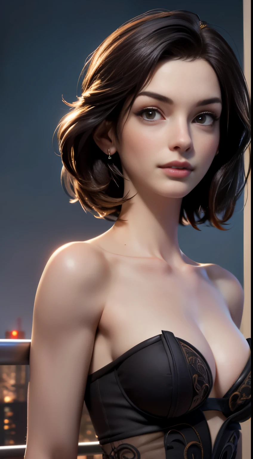 photo of Anne Hathaway, RAW, beautiful woman, ((portrait)), ((detailed face:1.2)), ((detailed facial feature, detailed skin, clear skin), (perfect proportioned body, normal size breasts), (wearing a strapless dress) (high detailed city environment, apartment balcony), (realistic photo, best quality, detailed), (8k wallpaper), (cinematic lighting, dramatic lighting) (sharp focus, intricate)