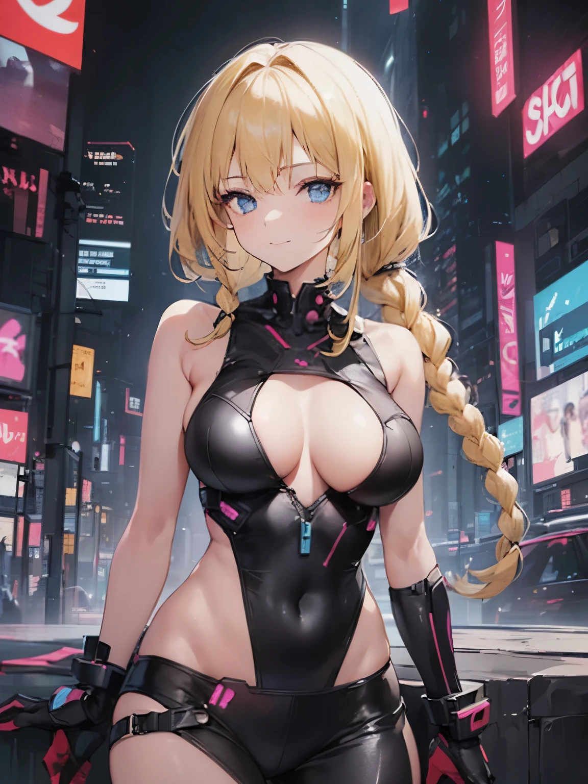 ((masterpiece, best quality)), High resolution, distinct image, (1girl), (solo), (female Focus), light smile, (Cyberpunk beautiful female action), (blonde side braid hair 1.2), (blue eyes), (eyelashes), (large breasts 1.4), Arms behind back, neon city, cyberpunk , oficial art,