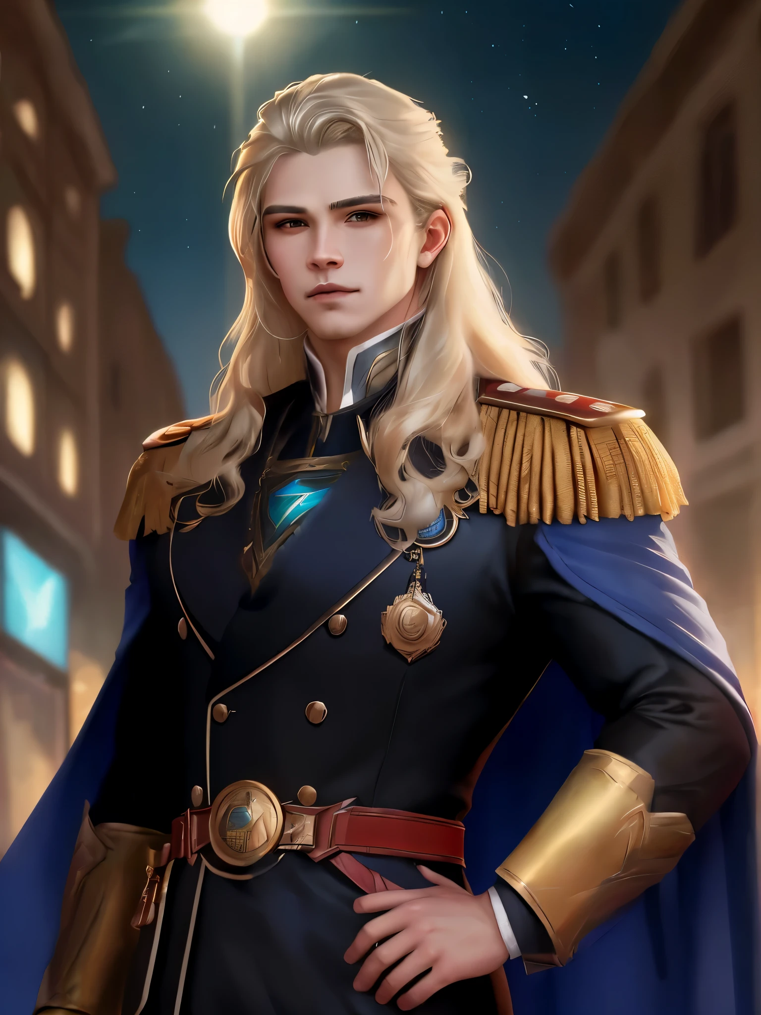 Ultra-high saturation，（tmasterpiece）， foto de corpo inteiro，（melhor qualidade）， （1 cinta）， night city background，Usando armadura de gala dourada e azul marinho， 19th century tsar&#39;s military uniform，Cool-pose， star guardian uniforme，blonde hair，alto detalhe, estilo anime, Cinematic lighting, brilho, deus luz, Traching de raias, filmgrain, hiper HD, textura, super detalhamento, anatomia correta, A high resolution，Ultra-high saturation，alto contraste，Armadura de alto brilho，Pele lisa，serious expressions, retrato pintado de um Thor robusto, god of thunder, jovem deus grego, cabelo loiro ventoso, masculino, insanamente bonito, parte superior do corpo, muscular, um uniforme militar de gala, um uniforme lindo, uniforme azul marinho e dourado, fantasia, intrincado, elegante, altamente detalhado, pintura digital, art-station, arte conceitual, suave, foco nítido, 插圖, tecido de ouro e arte de joias por Gaston Bussiere e Alphonse Mucha