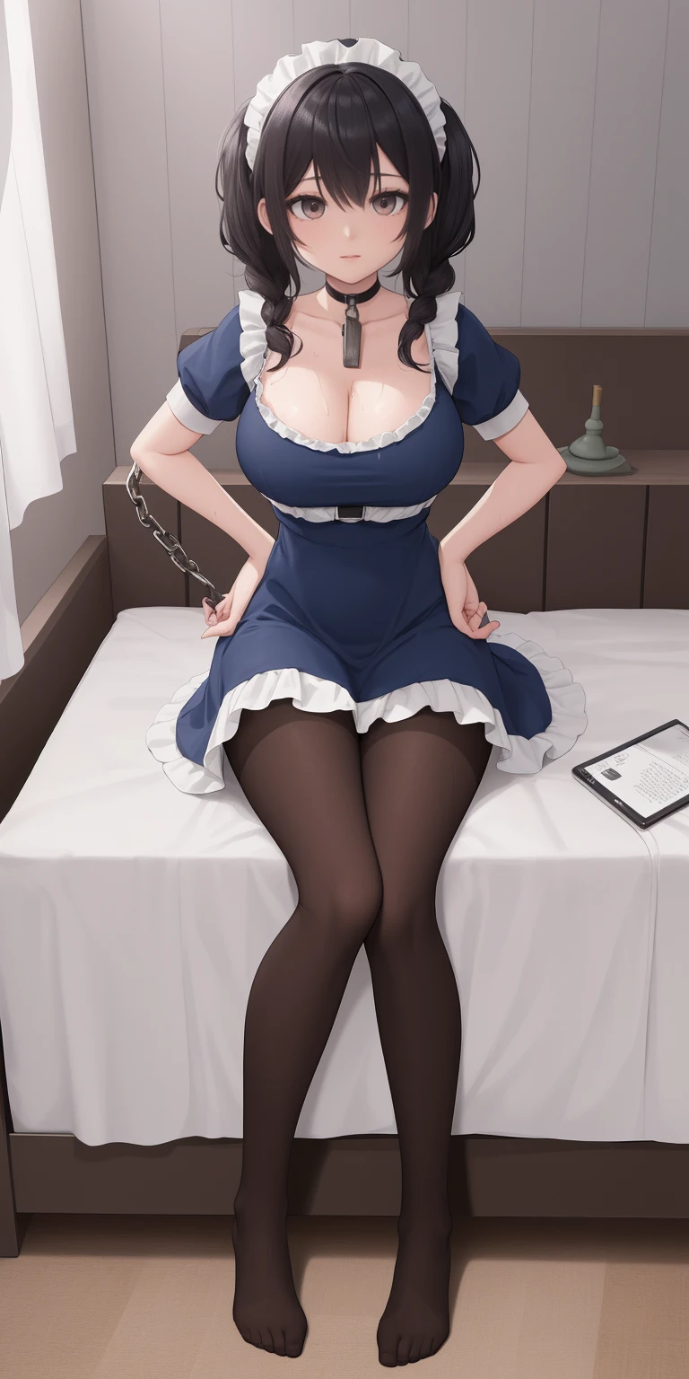 SFW, SLAVE FEMALE, Maid for sale. An African (very black skin) domestic worker for text "US dollar" full body, barefoot, standing straight symmetrical, huge boob(masterpiece, best quality:1.2), smirking smile, red blush, wet body, looking at viewer, hands on hips, twintails, twin drills, dress, blue pantyhose, striped pantyhose, Handcuffs on their hands, With a collar around the neck, slave catgirl ((black choker, shackles on legs and armedroom background (bed, pillow, sheet))