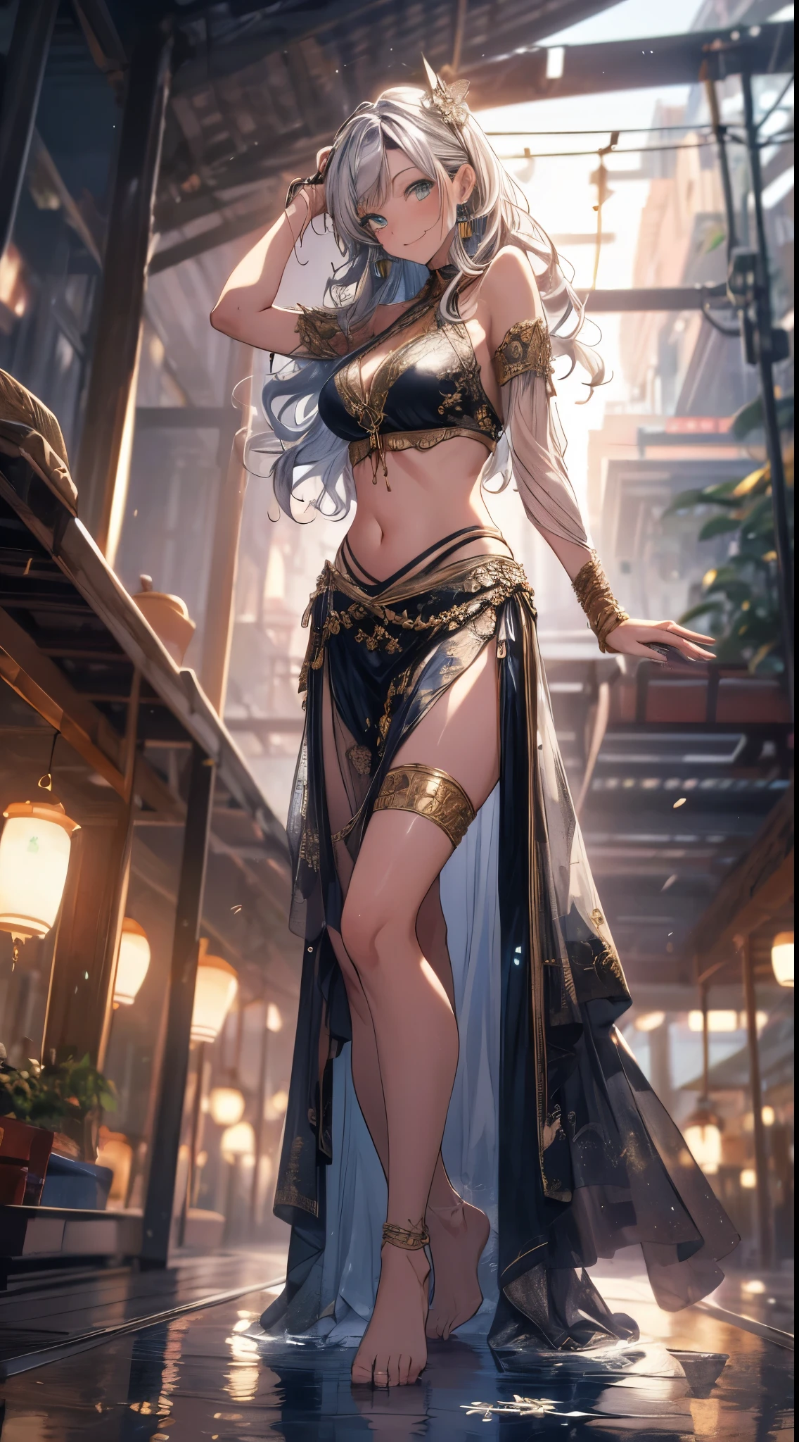 ((Ultra high resolution, 8K RAW photo, super realistics)), ((correct anatomy:1.5, ideal ratio of body proportions, long legs:1.37)), dancing gal, fuge breast:1.5, dancing, swinging boobs, stepping hard, (rising up leg:1.2, putting arm up and behind head:1.3, arm pit:1.2), floating turn, jumping, turning, twisted body, long wavy hair, silver hair, crimson mesh hair, floating hair, fluttering hair, (high detailed face, super detailed eye), (sfw:1.25), belly dance, Arabian, turquoise green outfits, delicate detailed clothes and accessories, see-through clothes, mesh robe, great festival show, indoors, in a temple, special altar, sexy dance, leaning backward, showing off crotch, looking at viewer, sexy smile, dutch angle, from below, side view, floating extra see-through clothes, splash, bokeh, extra floating see-through clothes,