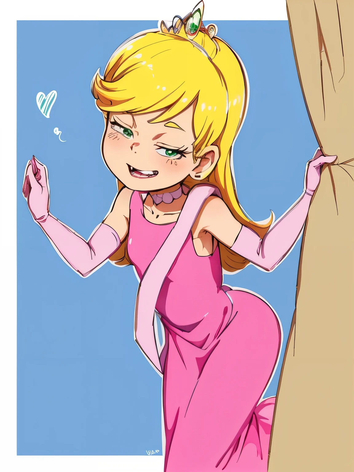 a cartoon drawing of a princess in a pink dress, betty cooper, star butterfly, high quality fanart, dressed in a pink dress, princess peach), lola bunny fanart, inspired by Hiromu Arakawa, official fanart, princess intergalactica, hands behind her body pose!, in dress, blonde - haired princess, lowres, gwen stacy, princess peach, Green eyes, beautiful eyes