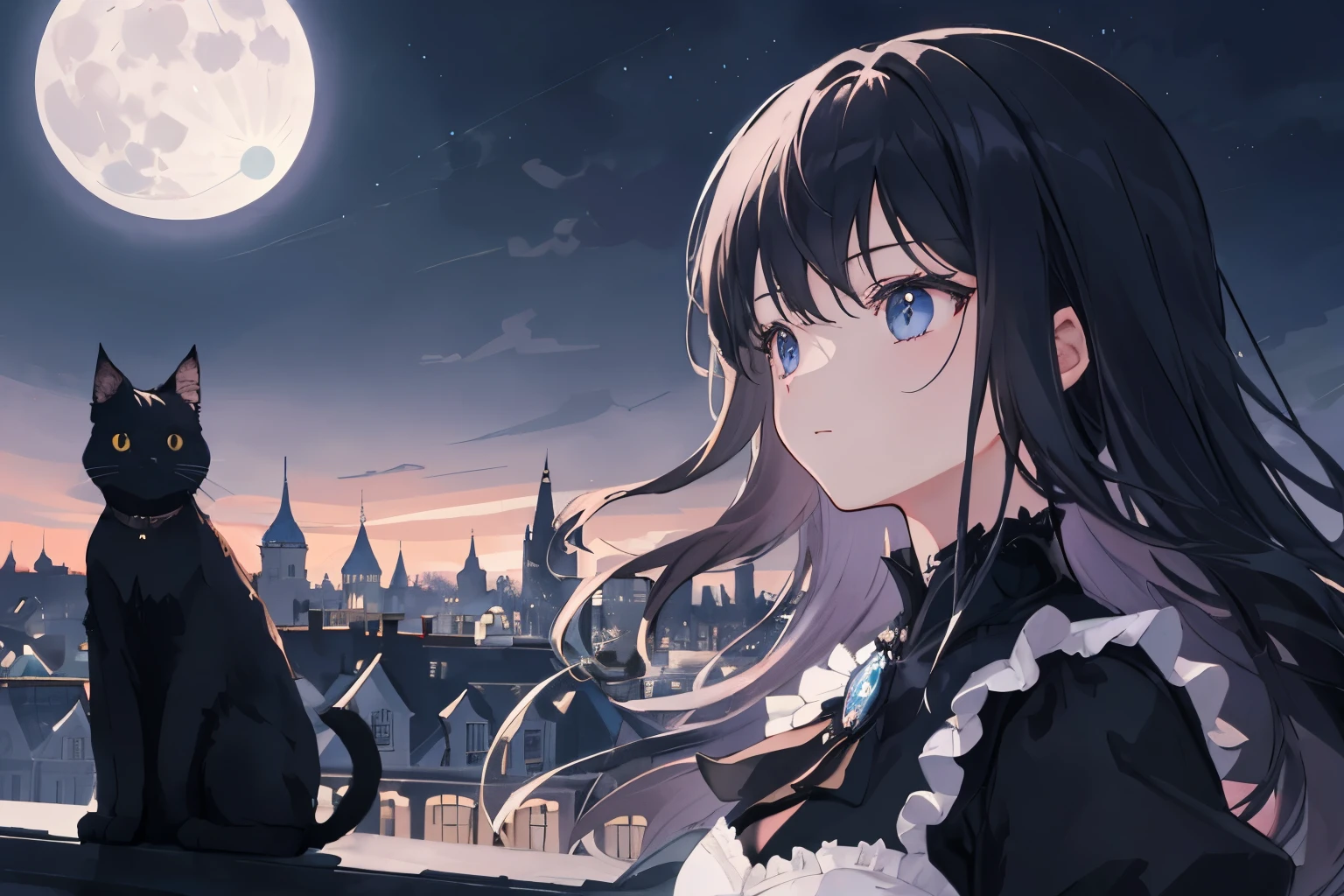 Generate a high-quality illustration depicting the silhouette of a girl and a black cat walking on a rooftop against the backdrop of a night sky and a full moon. Create an overall fantastical and intricate atmosphere, paying meticulous attention to detail. Capture the ethereal interplay of shadows, moonlight, and the rooftops. The artwork should evoke a sense of enchantment and mystery as the girl and the black cat navigate the rooftops beneath the moon's glow. Aim for the best possible quality, delivering a visually captivating and emotionally resonant masterpiece.