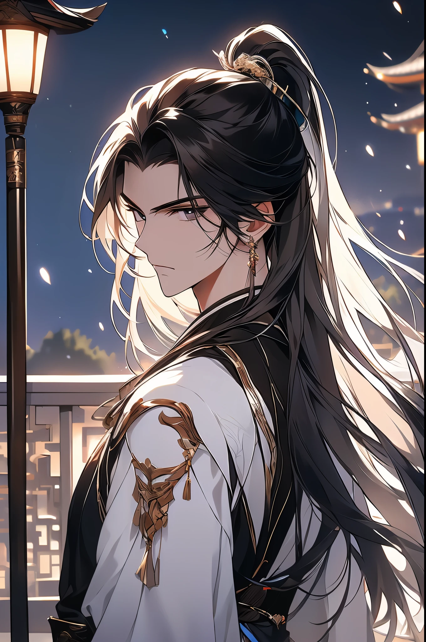 (Best quality at best,A high resolution,The image is clear，Garden scene，:1.2),A boy with，the only person，Ultra detailed backgrounds,Beautiful teenager standing holding sword，Chinese style clothes，high ponytails，natta，Garden scene,under moonlight,starrysky，Blue and White Clothes，Asian architecture，Romantic atmosphere,，Dutch Angle Shot,gentlesoftlighting,portrait of upper body，Noble prince，Eye focus，a sharp gaze，