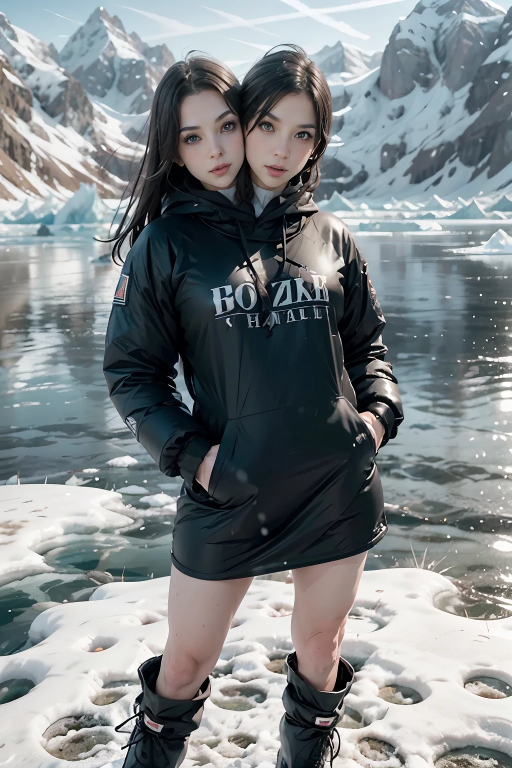 man, ((adult:1.5)), 40 years old,  masculine features, middle aged, standing,boot,hood,((beard)),snow,posing in front of a frozen lake in alaska as an whale jumps from the water,cold,frozen, winter clothing , pensive, 8k, photography, realistic, Swedish, conjoined dicephalus, two heads, glaciers in background, with stuff, drinking from a bottle of vodka