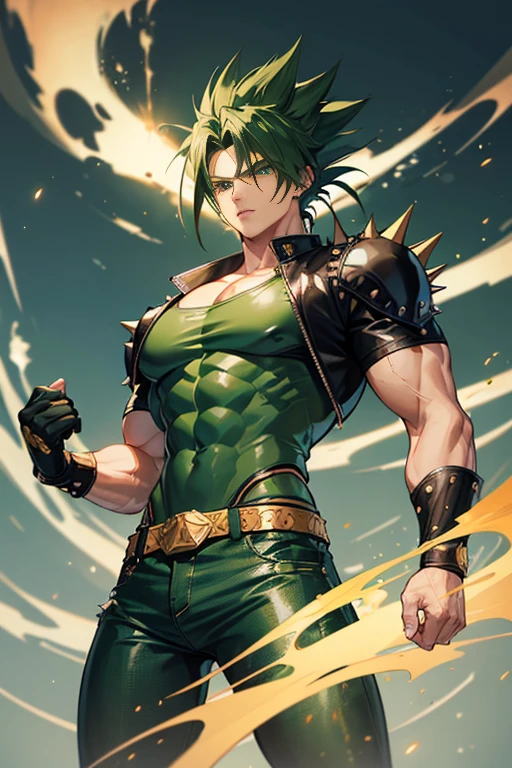 Highly detailed, (masterpiece), best quality, expressive eyes, perfect face, 1man, spiky long hair, raising hair, Super saiyan Green hair, green eyes, Bulky Body Builder Masculine body, Green leather Jacket & Jeans