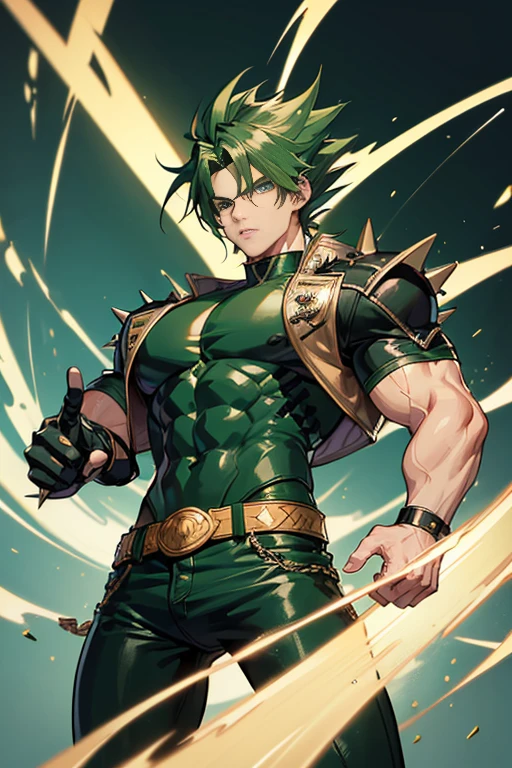 Highly detailed, (masterpiece), best quality, expressive eyes, perfect face, 1man, spiky long hair, raising hair, Super saiyan Green hair, green eyes, Bulky Body Builder Masculine body, Green leather Jacket & Jeans