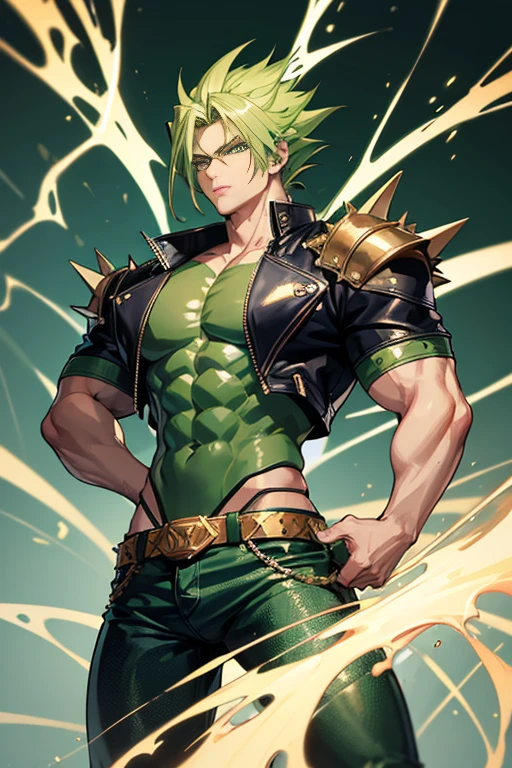 Highly detailed, (masterpiece), best quality, expressive eyes, perfect face, 1man, spiky long hair, raising hair, Super saiyan Green hair, green eyes, Bulky Body Builder Masculine body, Green leather Jacket & Jeans